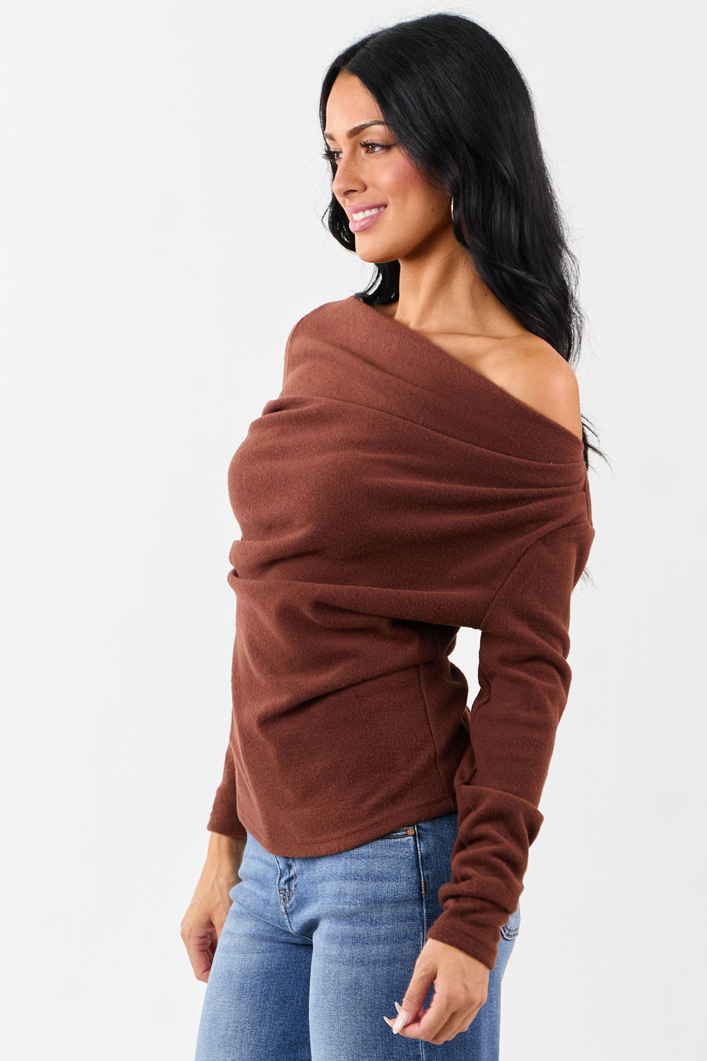 Cinnamon One Shoulder Ruched Long Sleeve Top