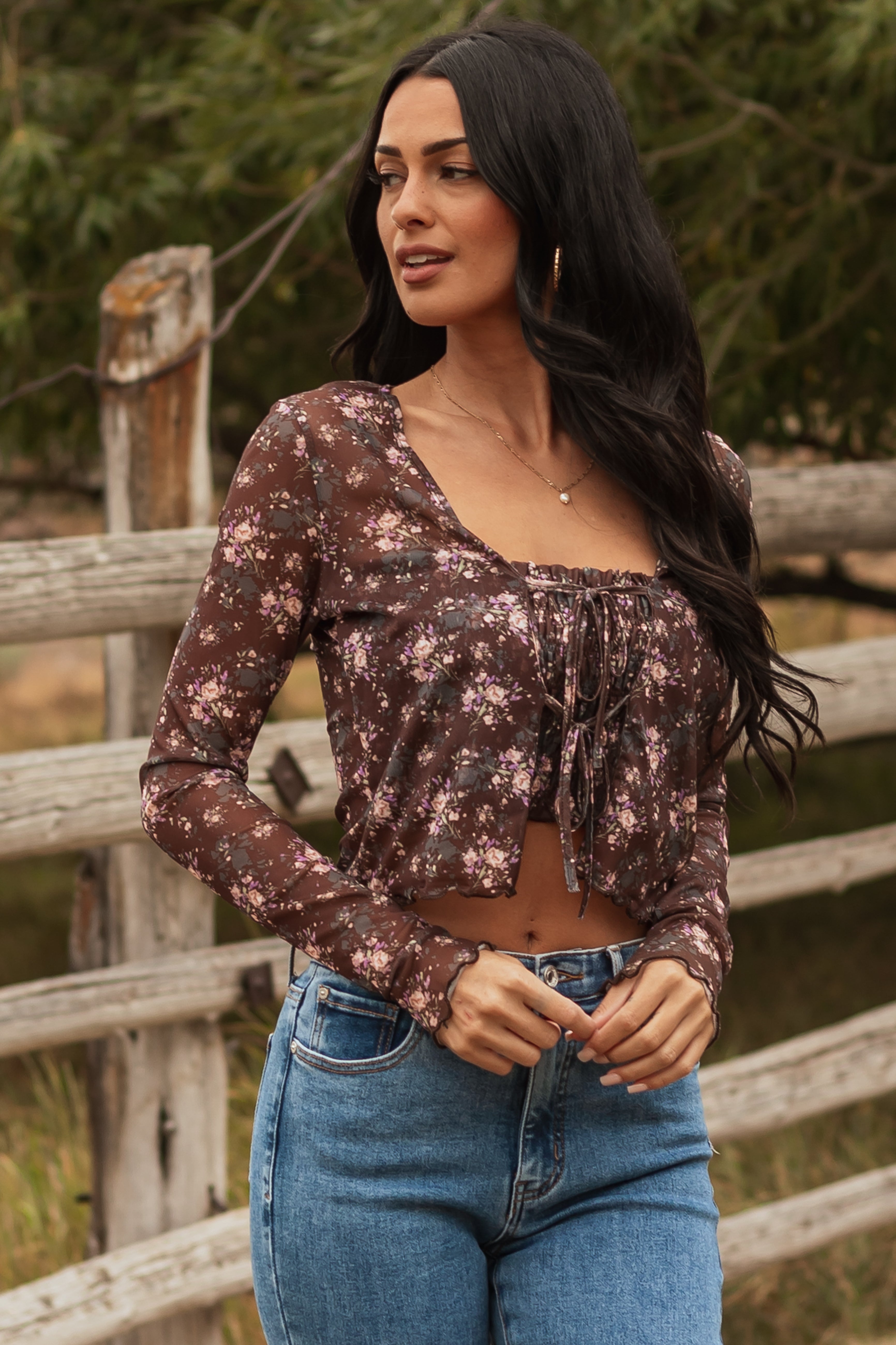 Cocoa Floral Mesh Layered Front Tie Long Sleeve Top