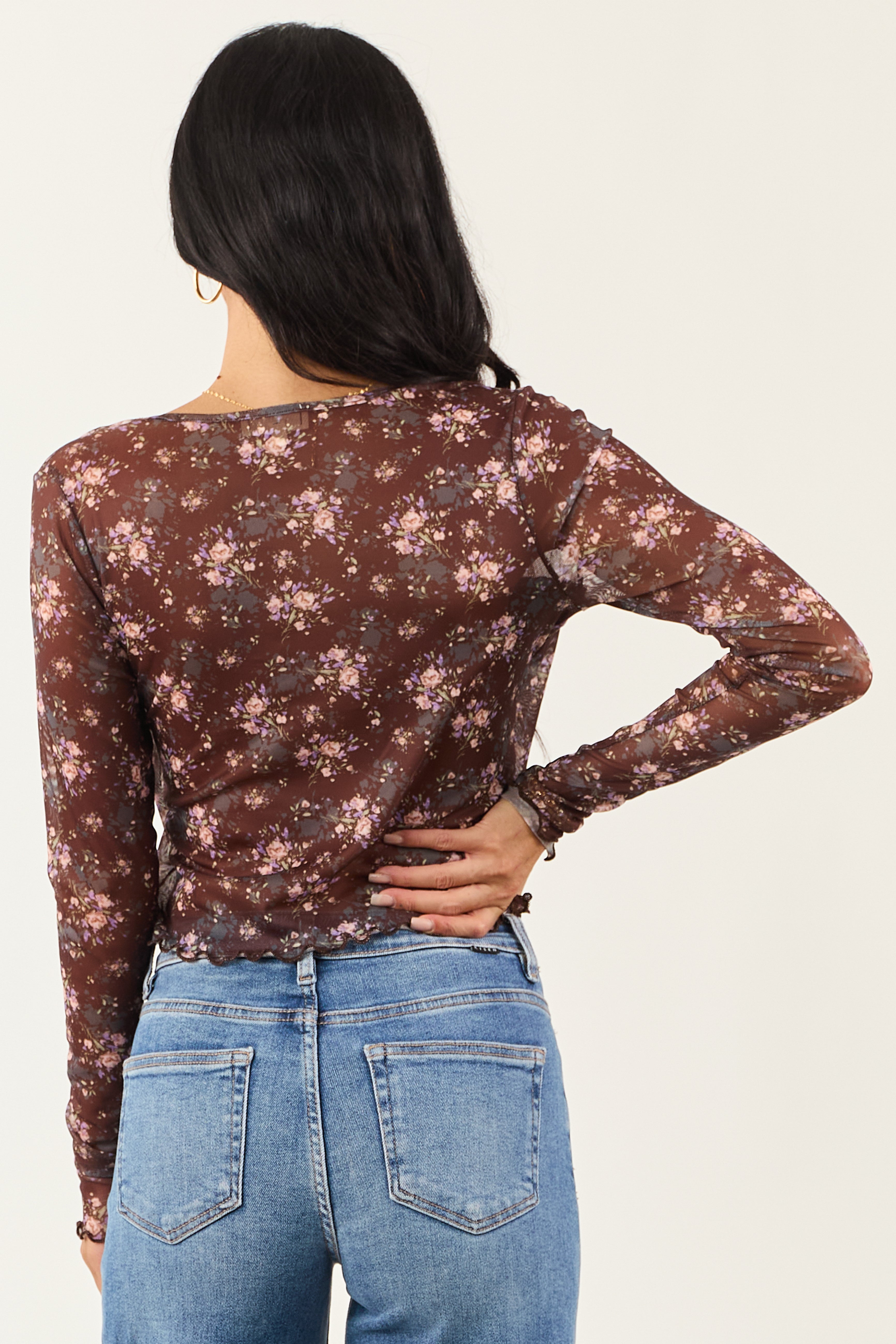 Cocoa Floral Mesh Layered Front Tie Long Sleeve Top