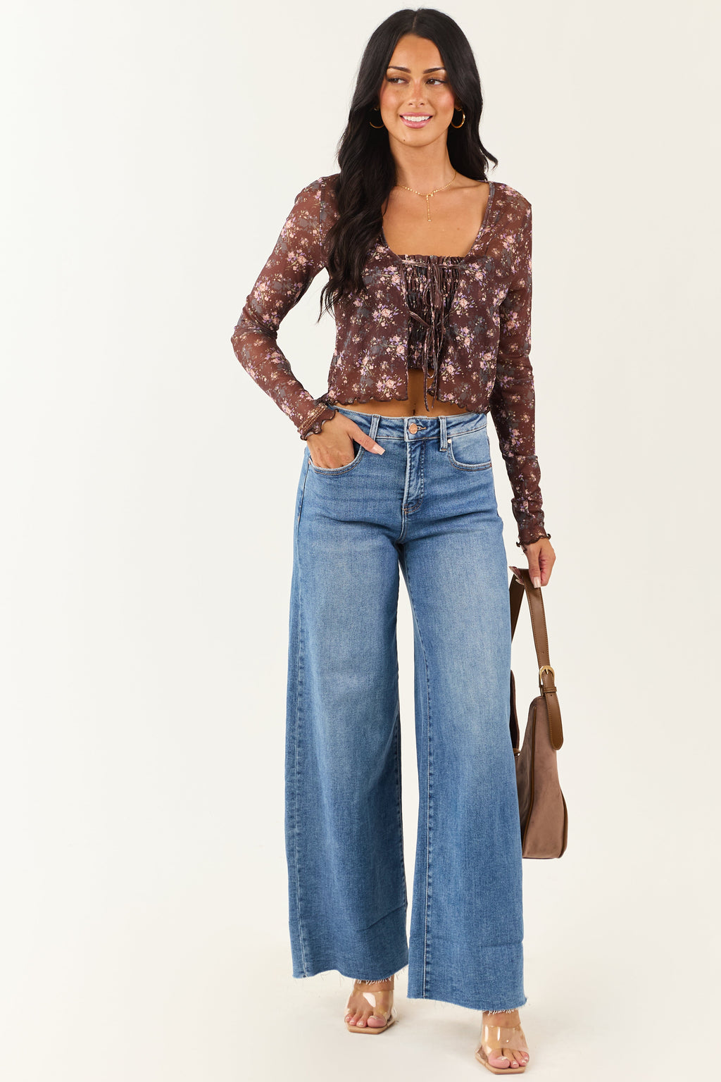 Cocoa Floral Mesh Layered Front Tie Long Sleeve Top