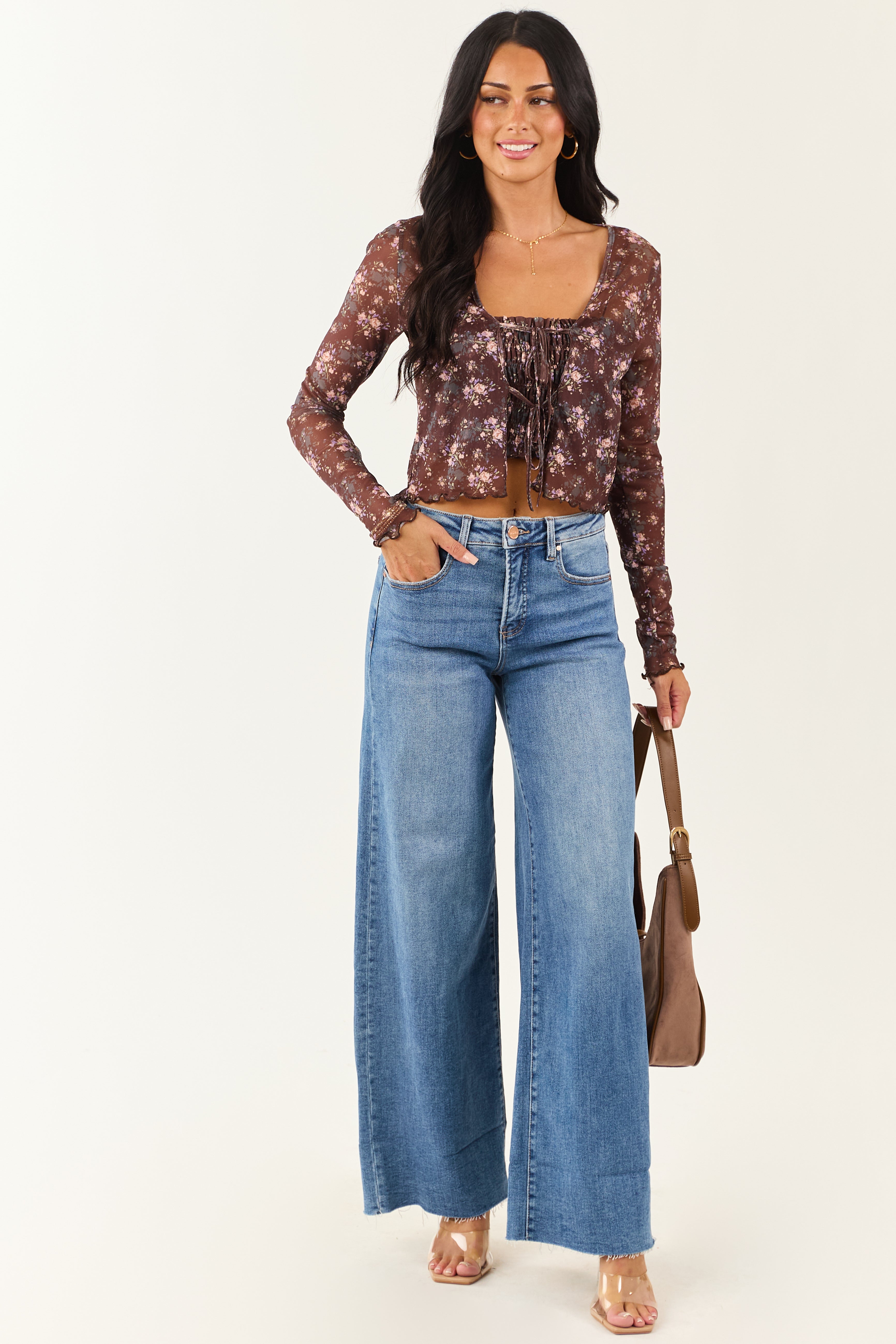 Cocoa Floral Mesh Layered Front Tie Long Sleeve Top