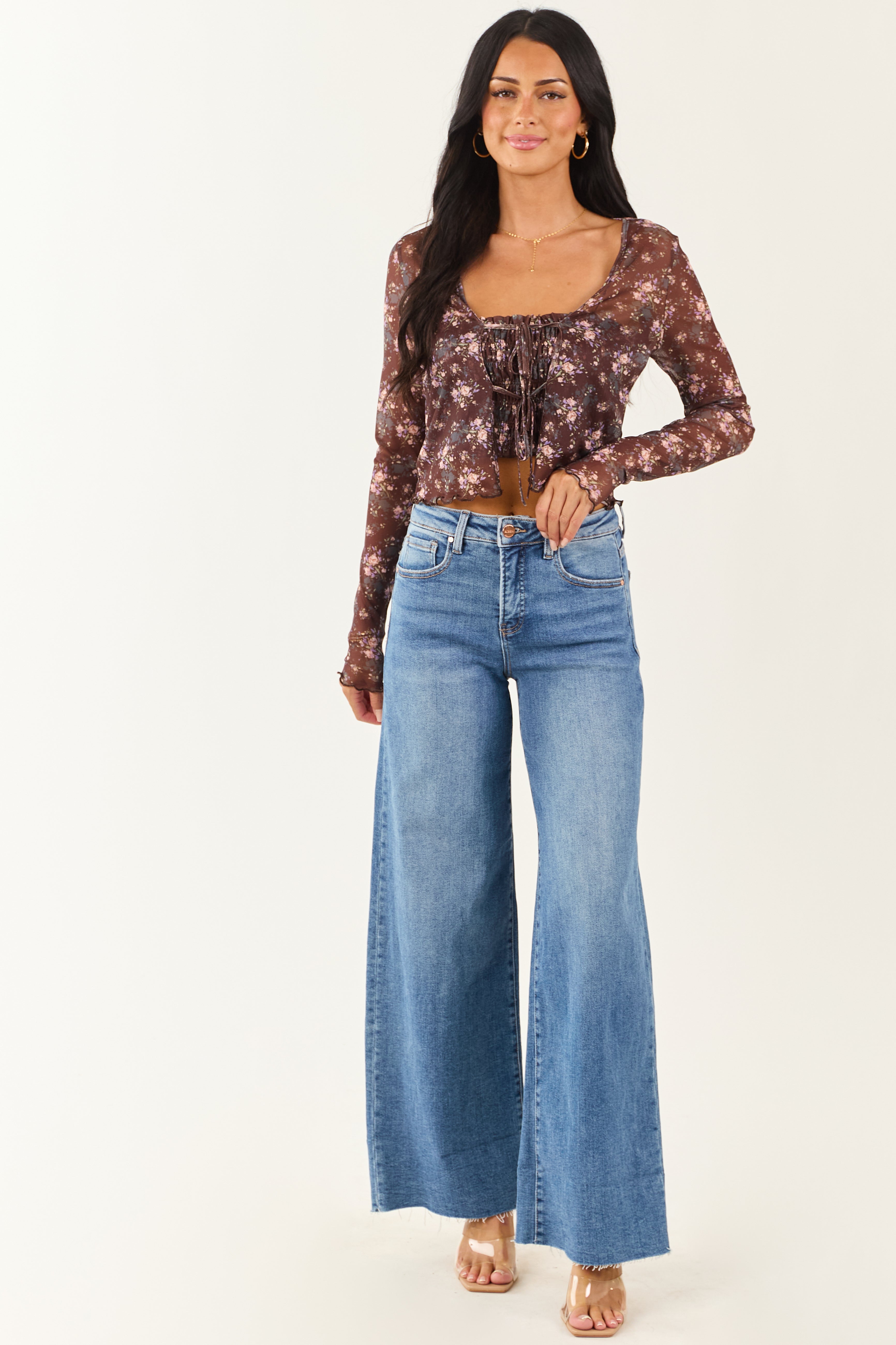 Cocoa Floral Mesh Layered Front Tie Long Sleeve Top