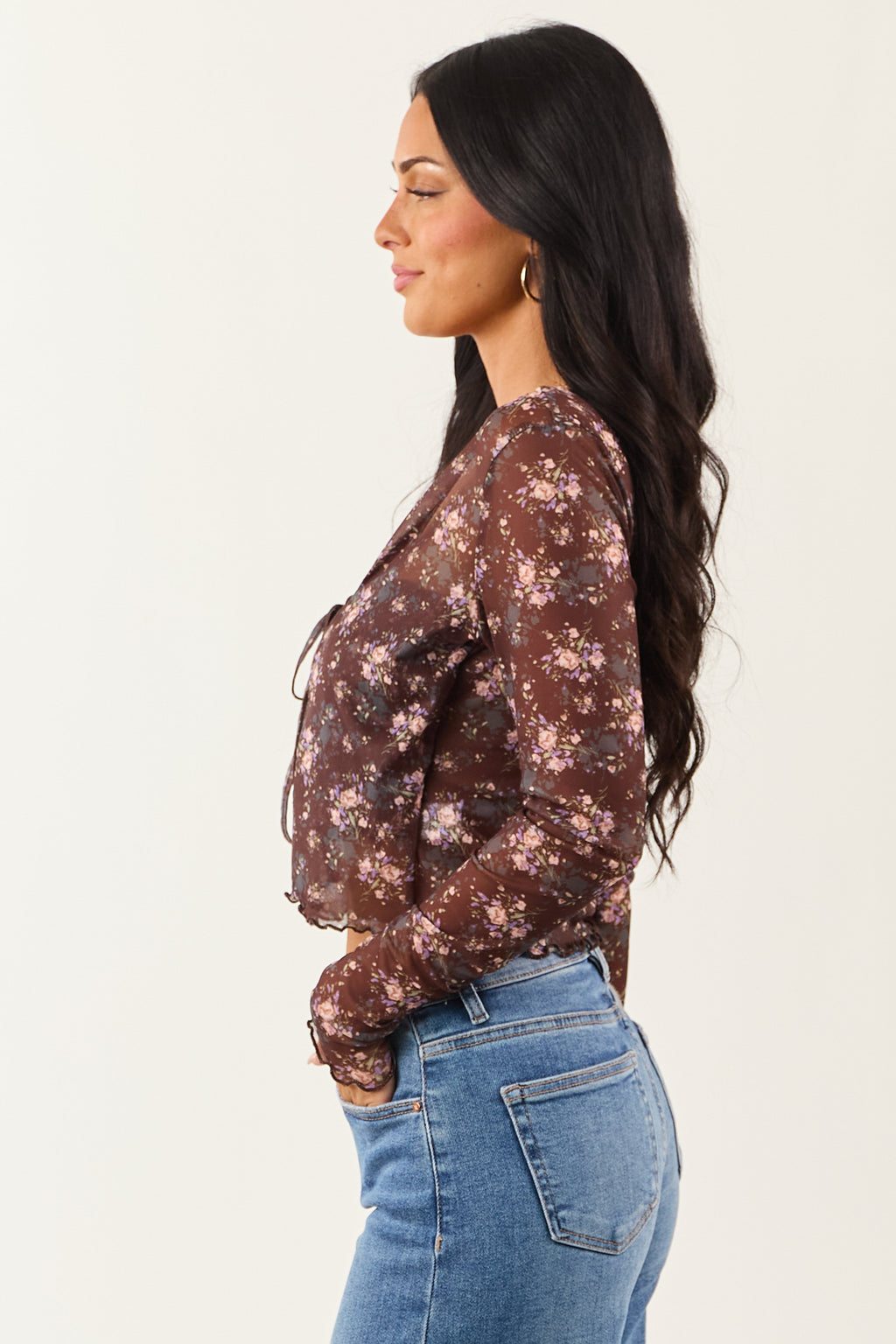 Cocoa Floral Mesh Layered Front Tie Long Sleeve Top
