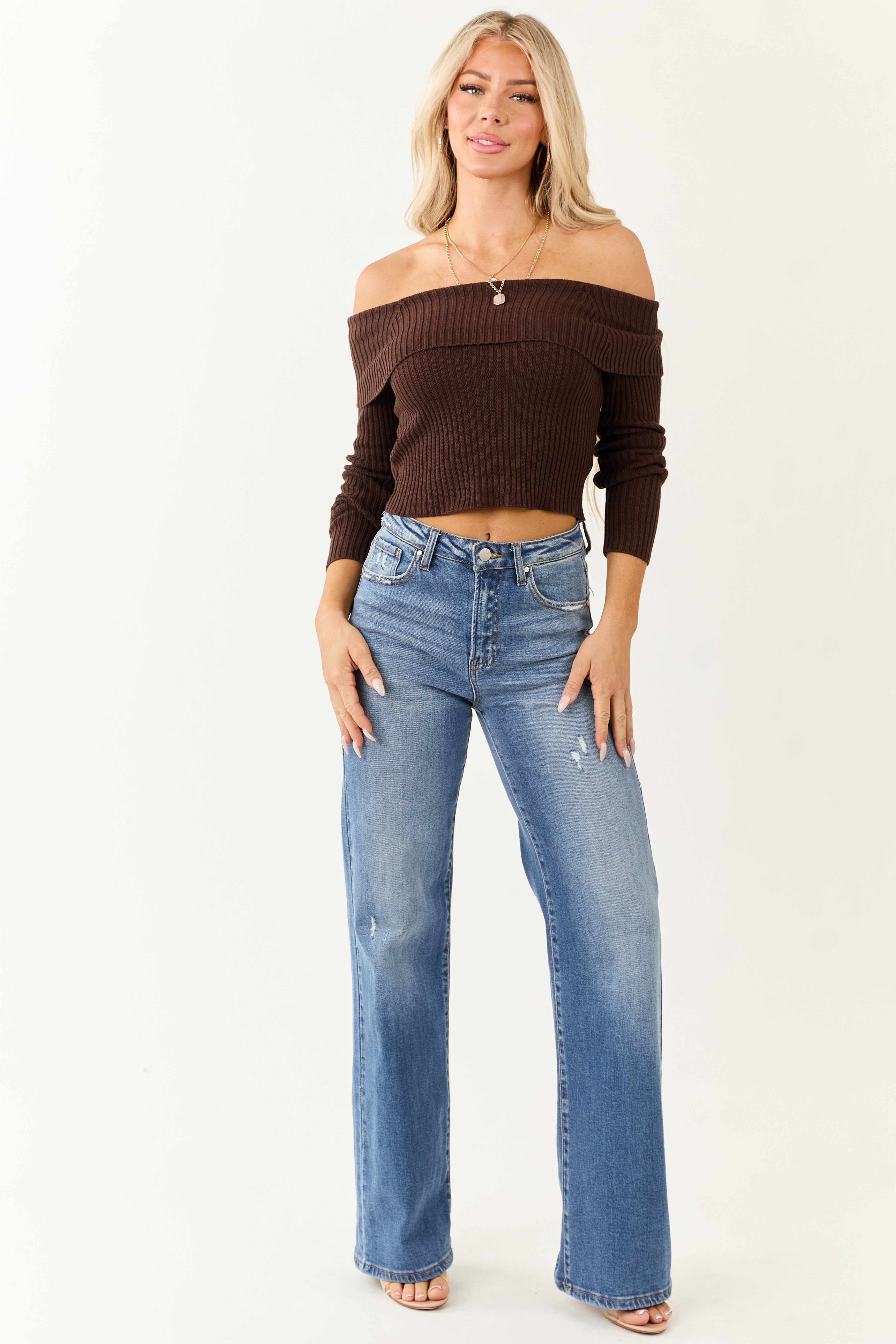 Cocoa Off Shoulder Ribbed Knit Sweater Top