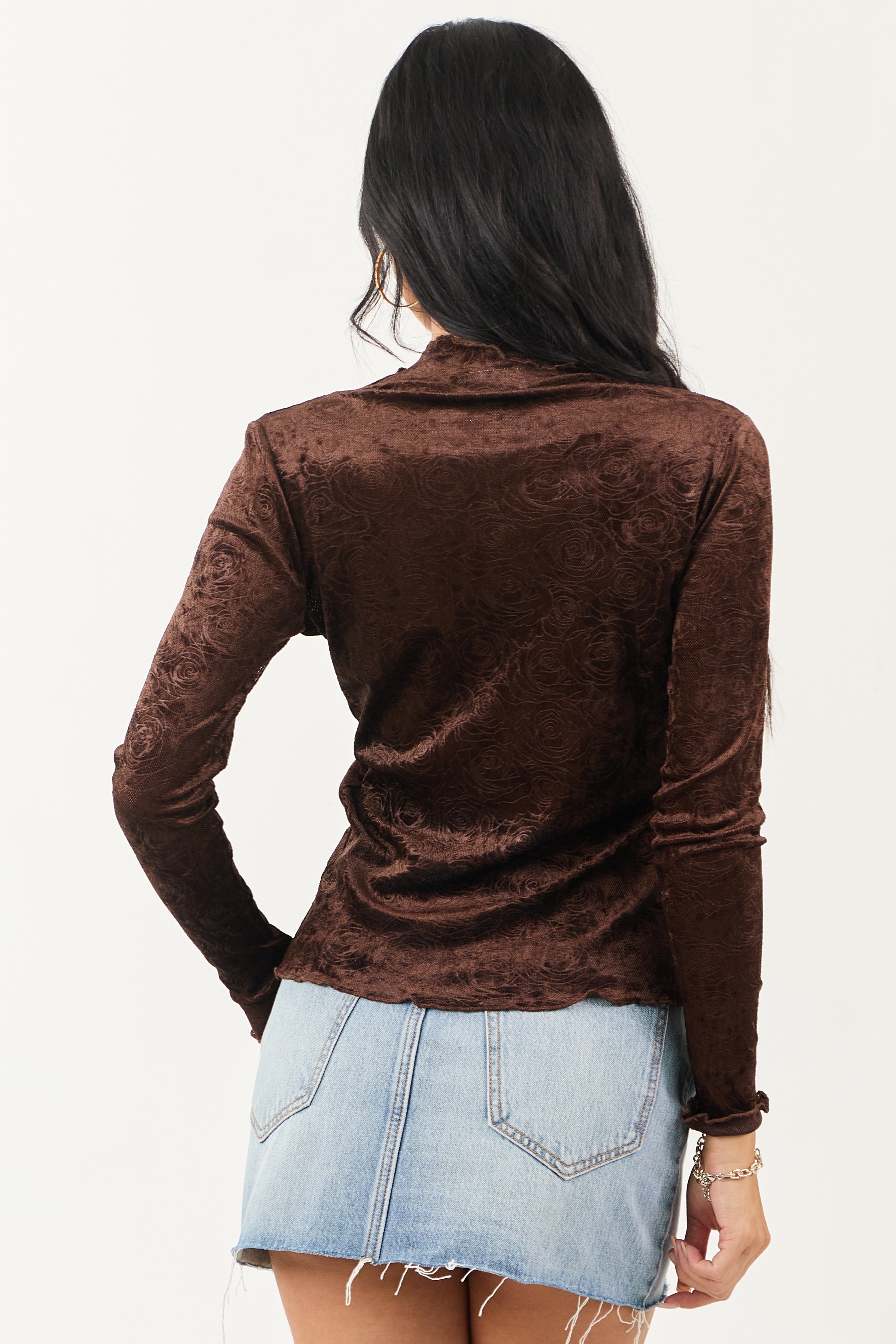 Cocoa Rose Velvet Textured Mesh Long Sleeve Top