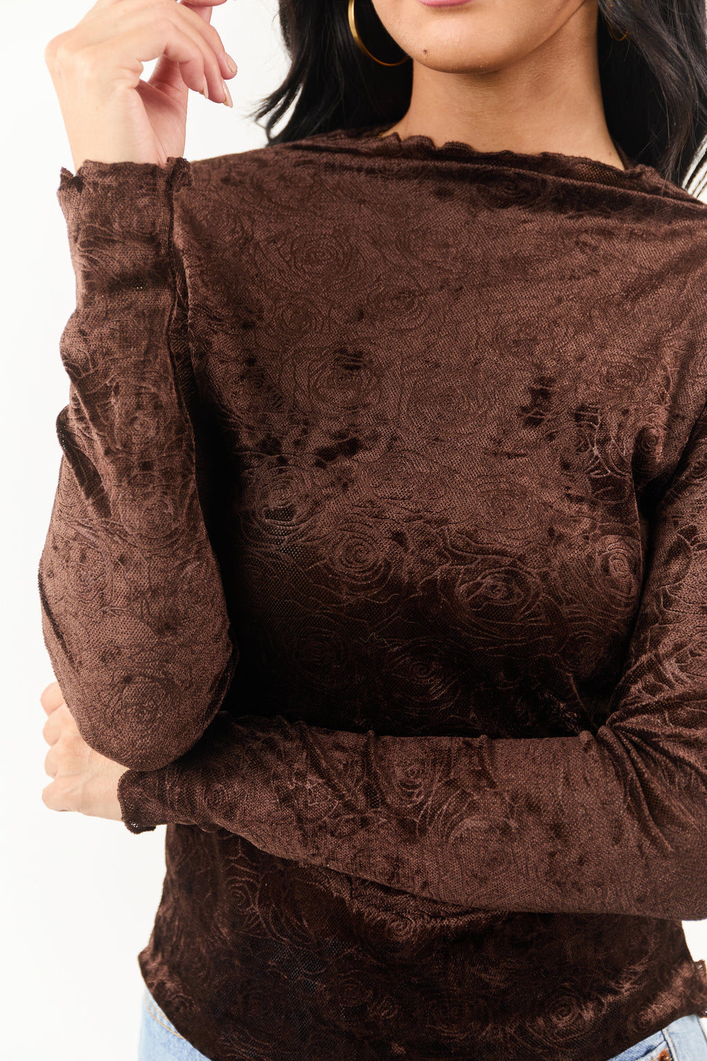 Cocoa Rose Velvet Textured Mesh Long Sleeve Top