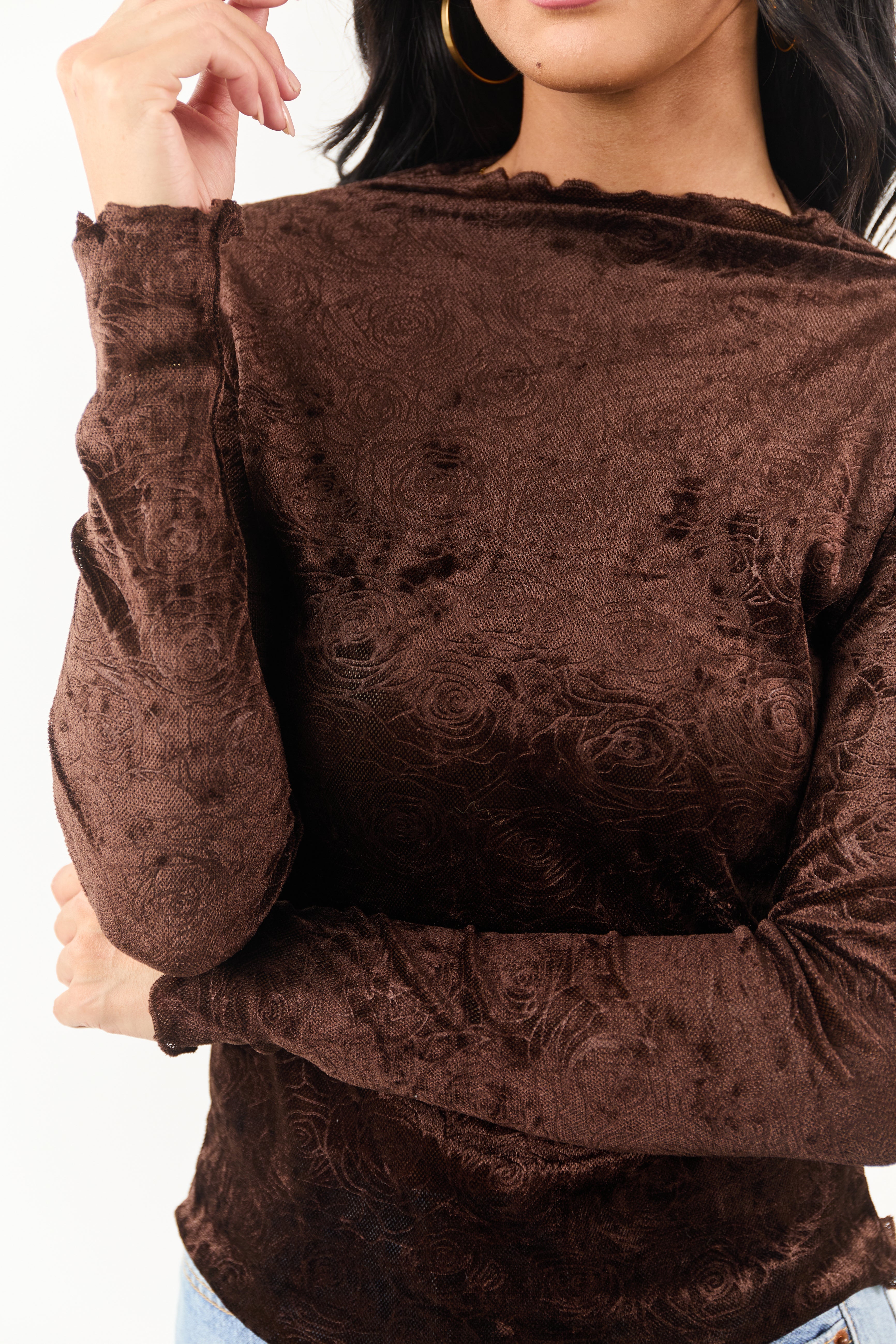 Cocoa Rose Velvet Textured Mesh Long Sleeve Top