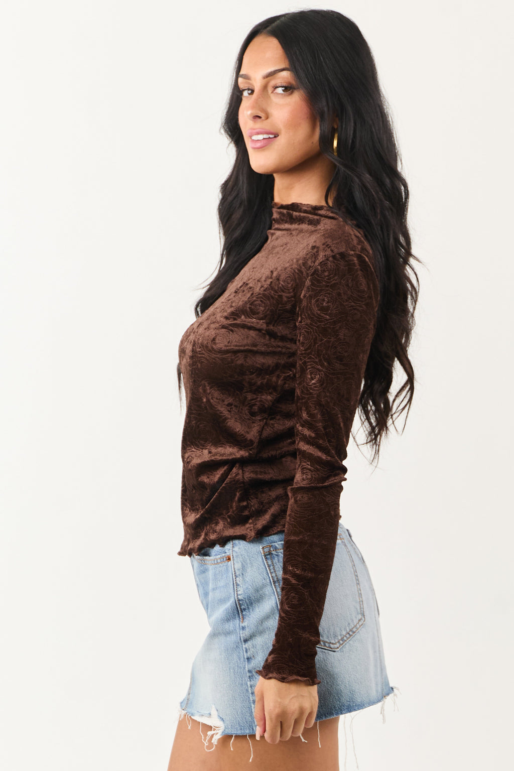 Cocoa Rose Velvet Textured Mesh Long Sleeve Top