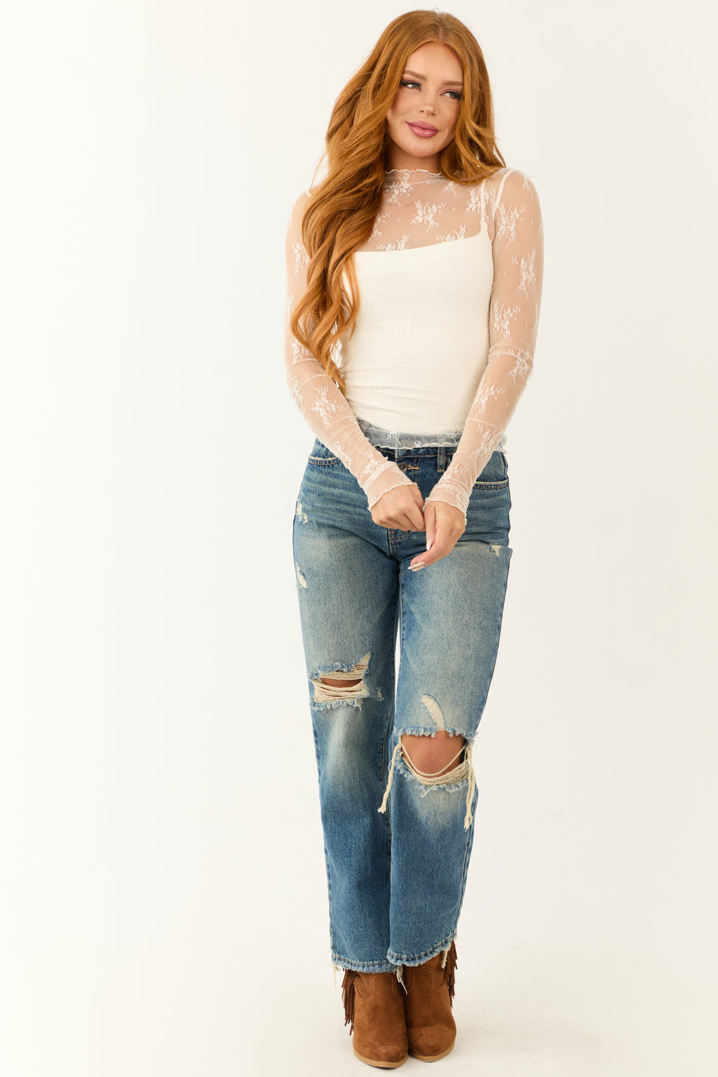 Listicle Off White Floral Mesh Lace Long Sleeve Top