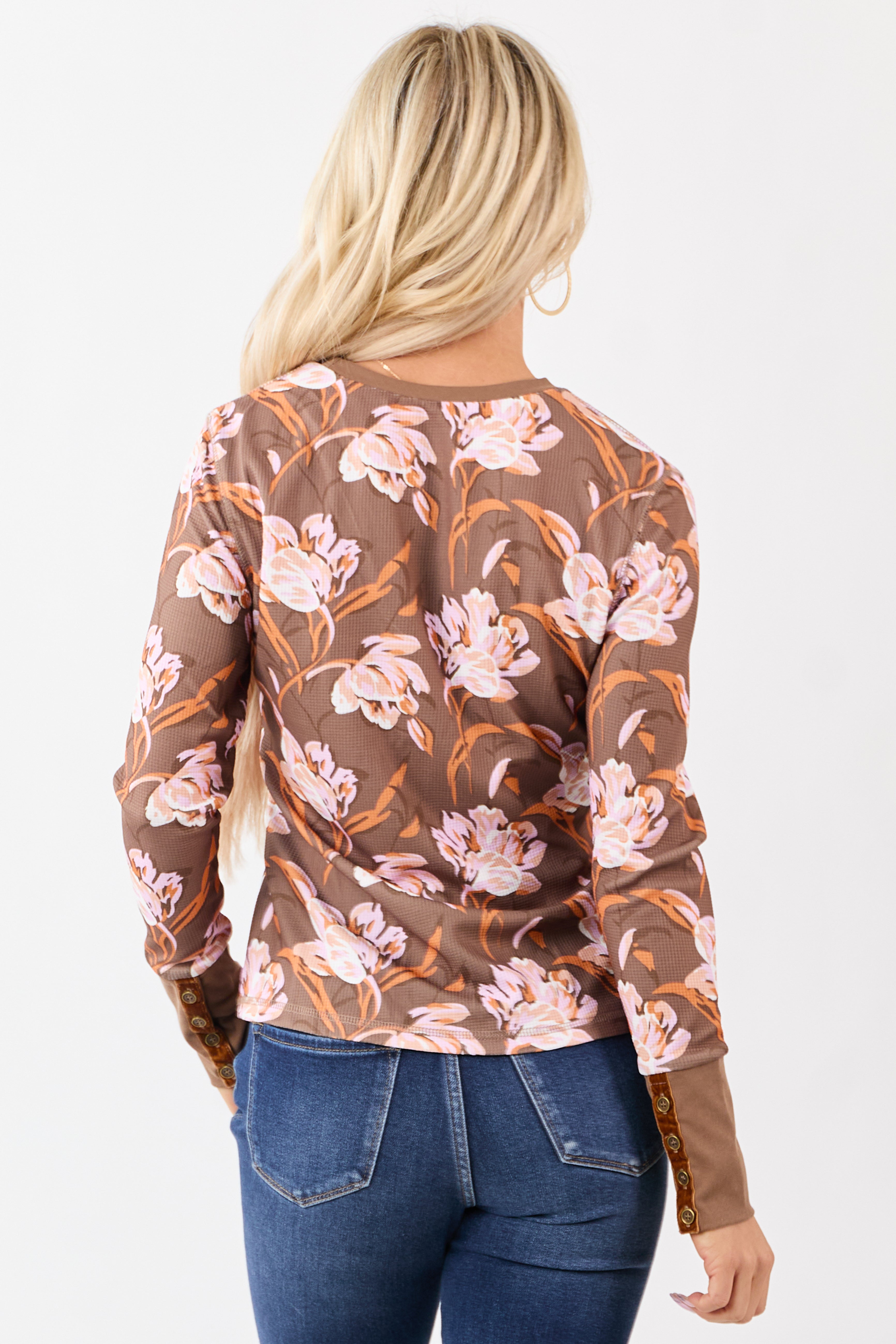 Coffee Floral Print Waffle Knit Long Sleeve Top