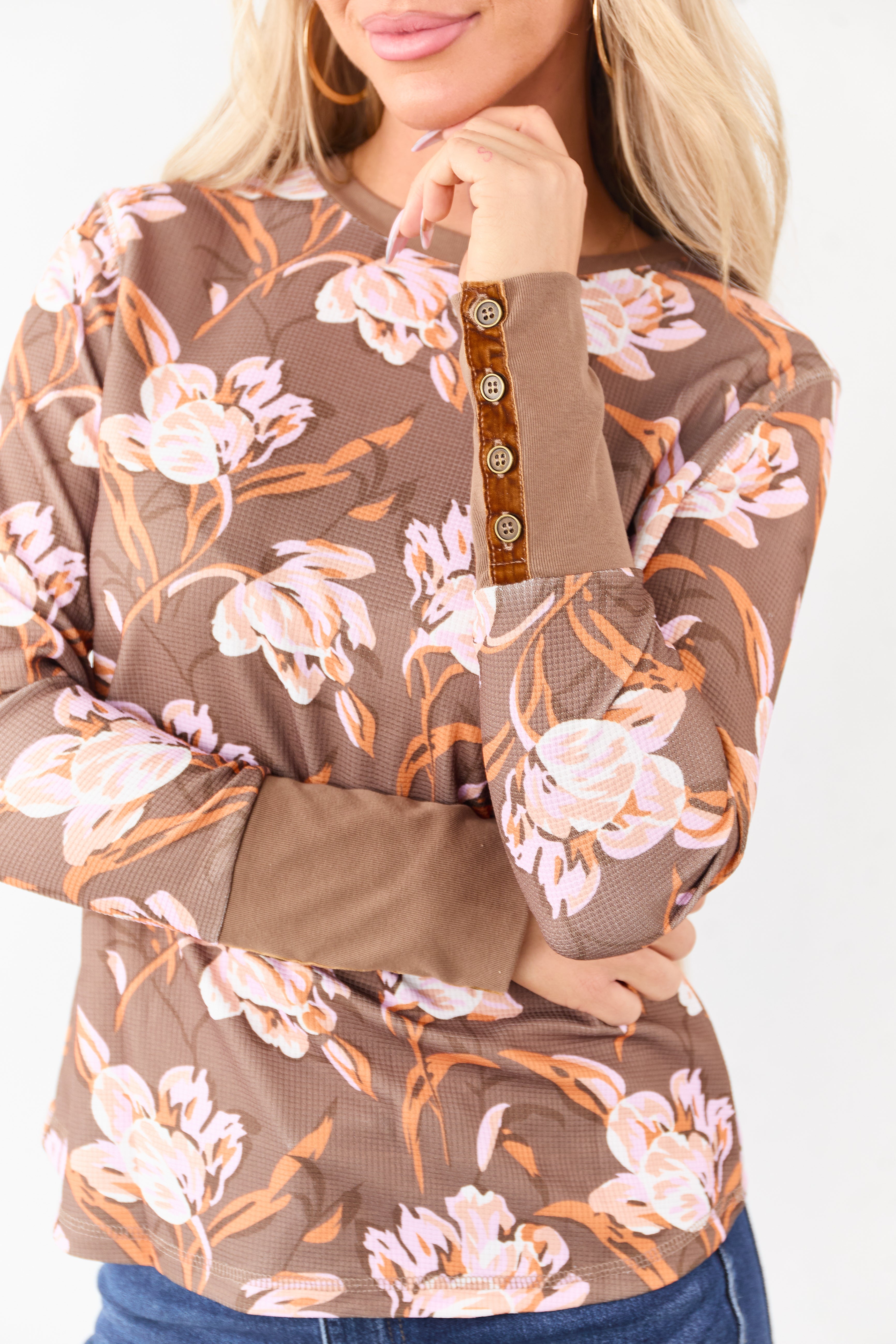 Coffee Floral Print Waffle Knit Long Sleeve Top