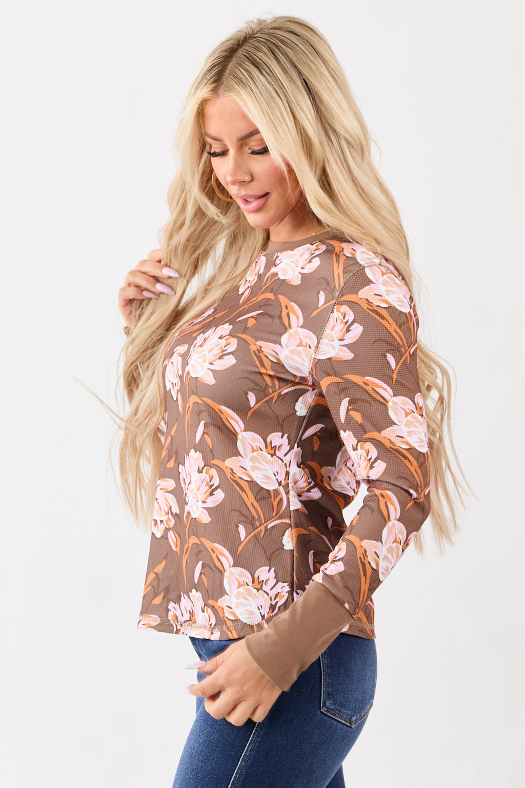 Coffee Floral Print Waffle Knit Long Sleeve Top