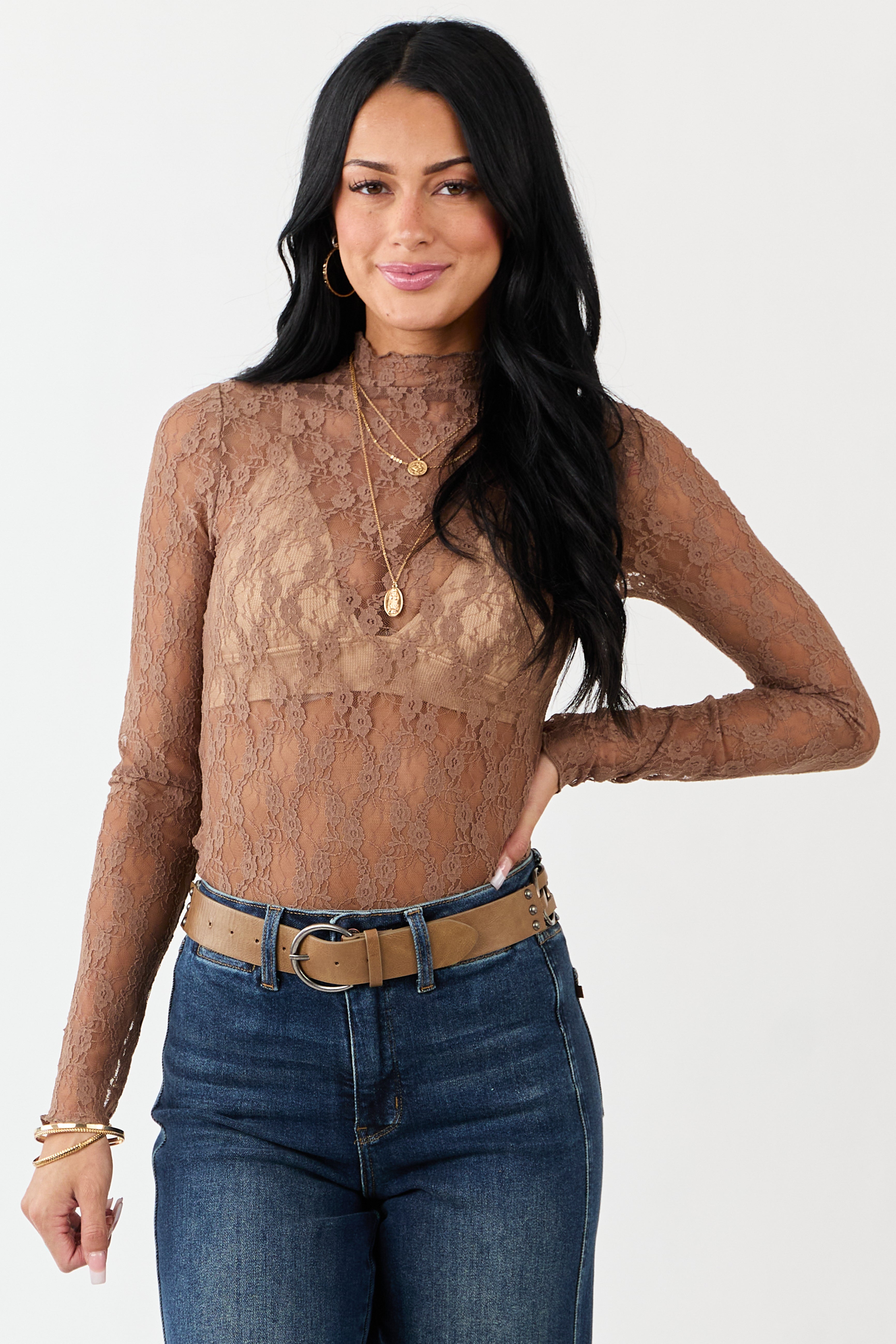 Coffee High Neck Long Sleeve Mesh Top