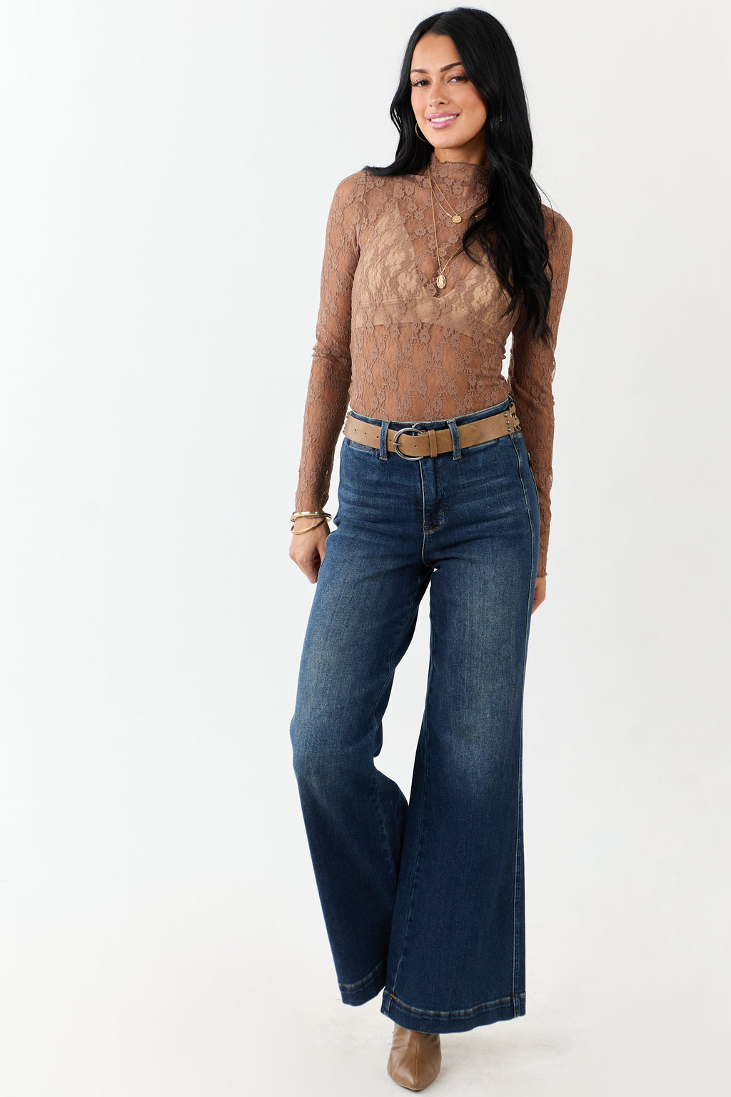 Coffee High Neck Long Sleeve Mesh Top