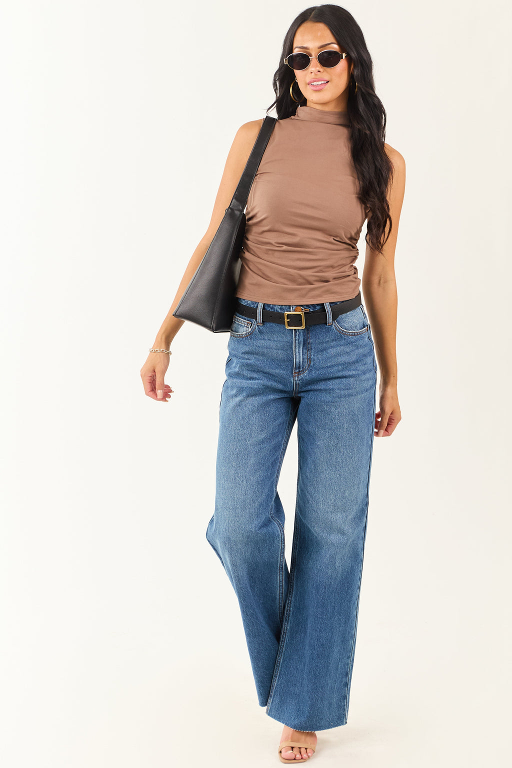 Coffee Mock Neck Ruched Knit Tank Top