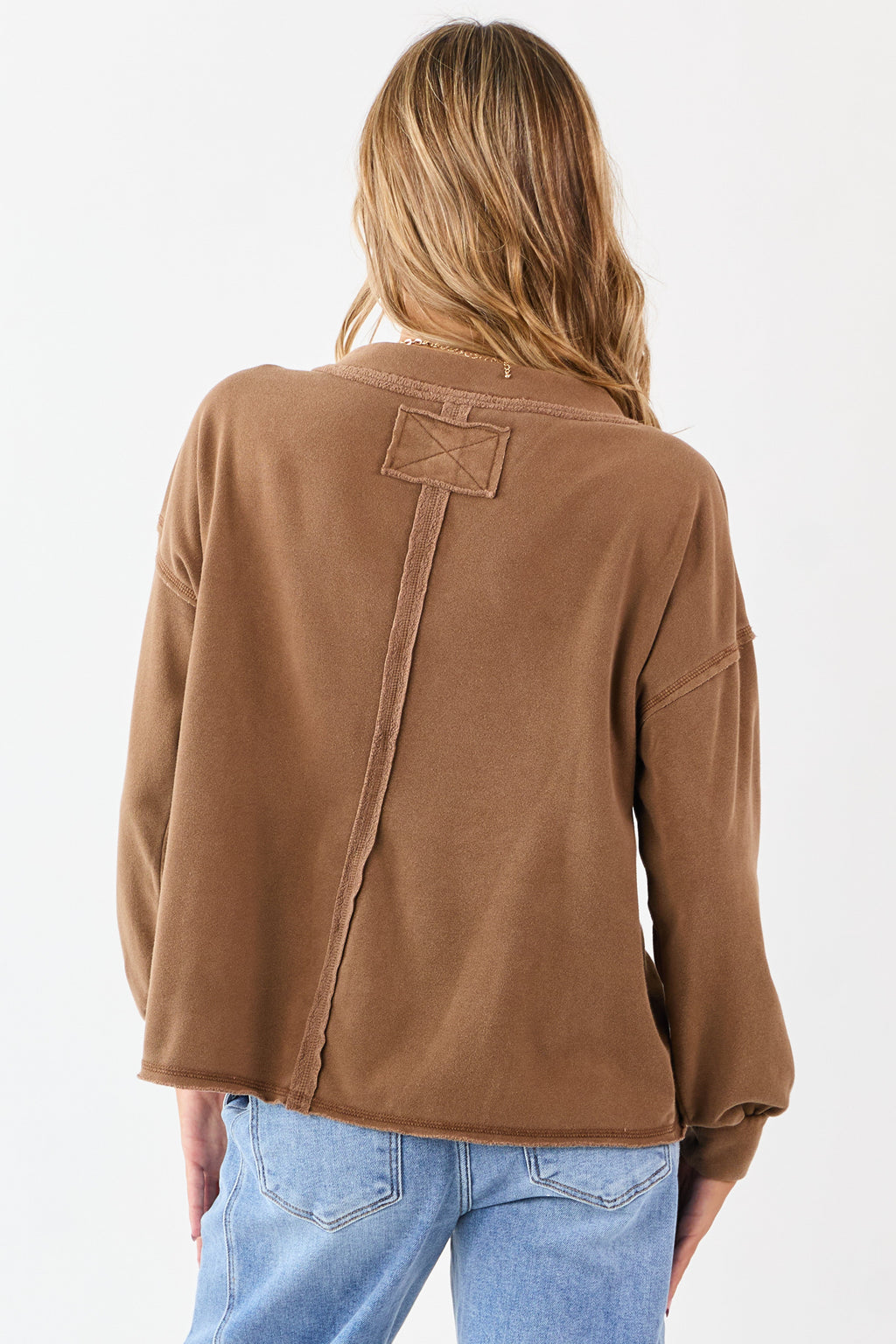 Coffee V-Neck Reverse Stitch Relaxed Sweatshirt