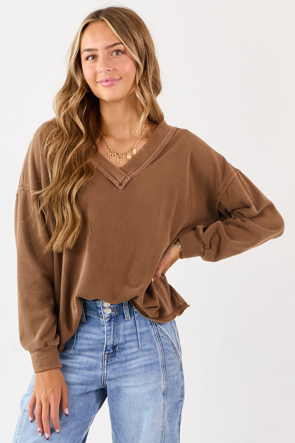 Coffee V-Neck Reverse Stitch Relaxed Sweatshirt