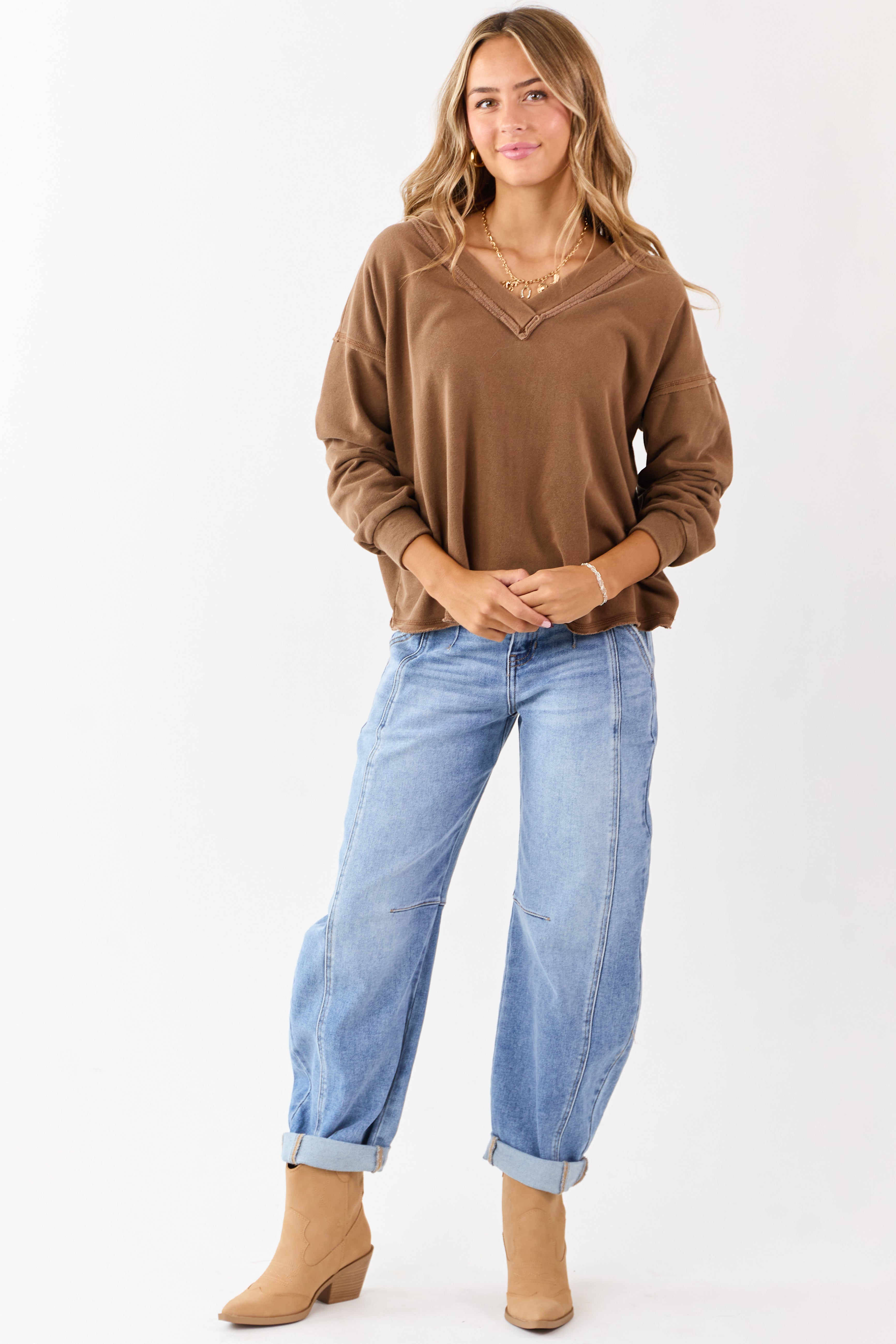 Coffee V-Neck Reverse Stitch Relaxed Sweatshirt