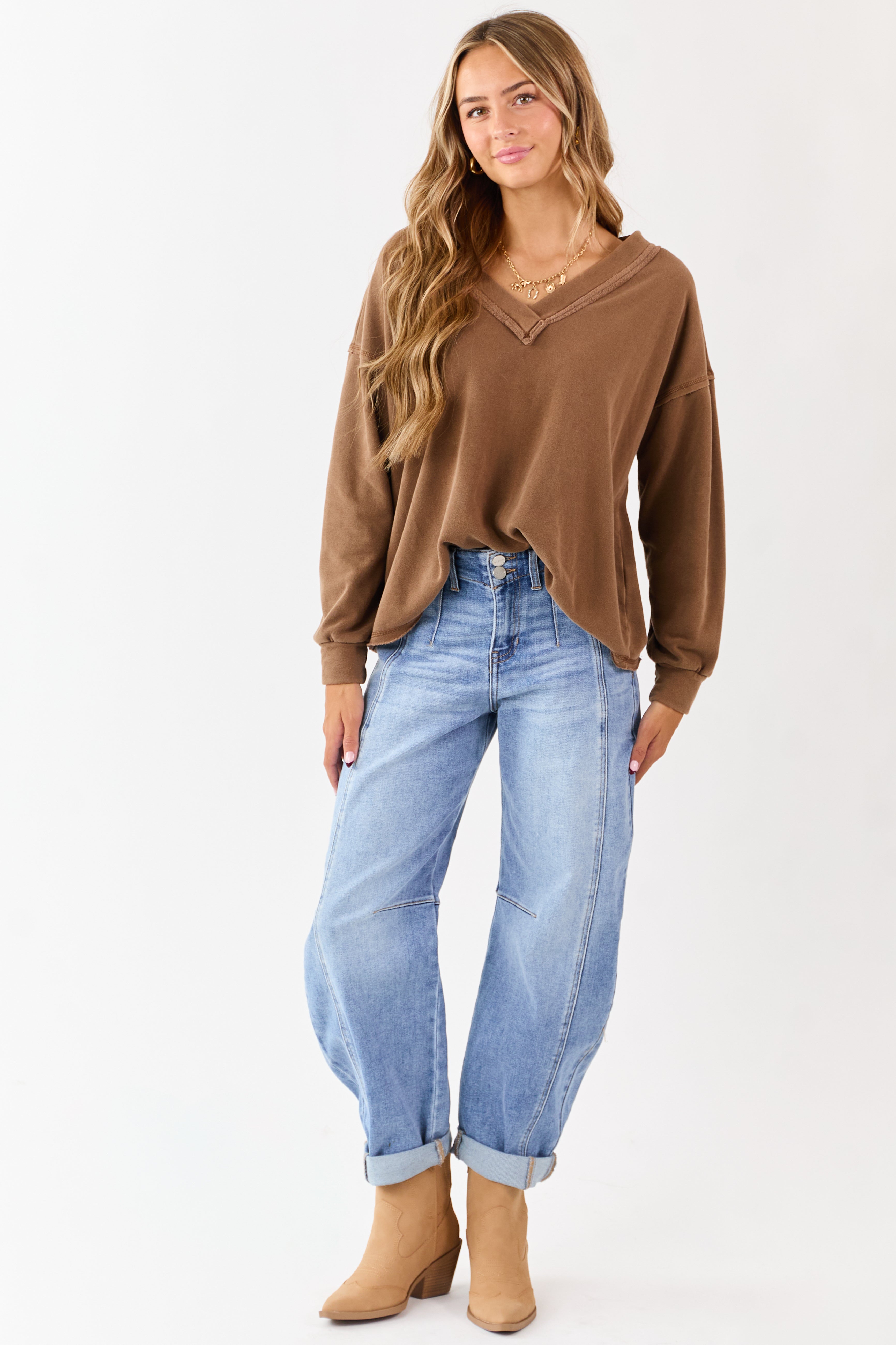 Coffee V-Neck Reverse Stitch Relaxed Sweatshirt