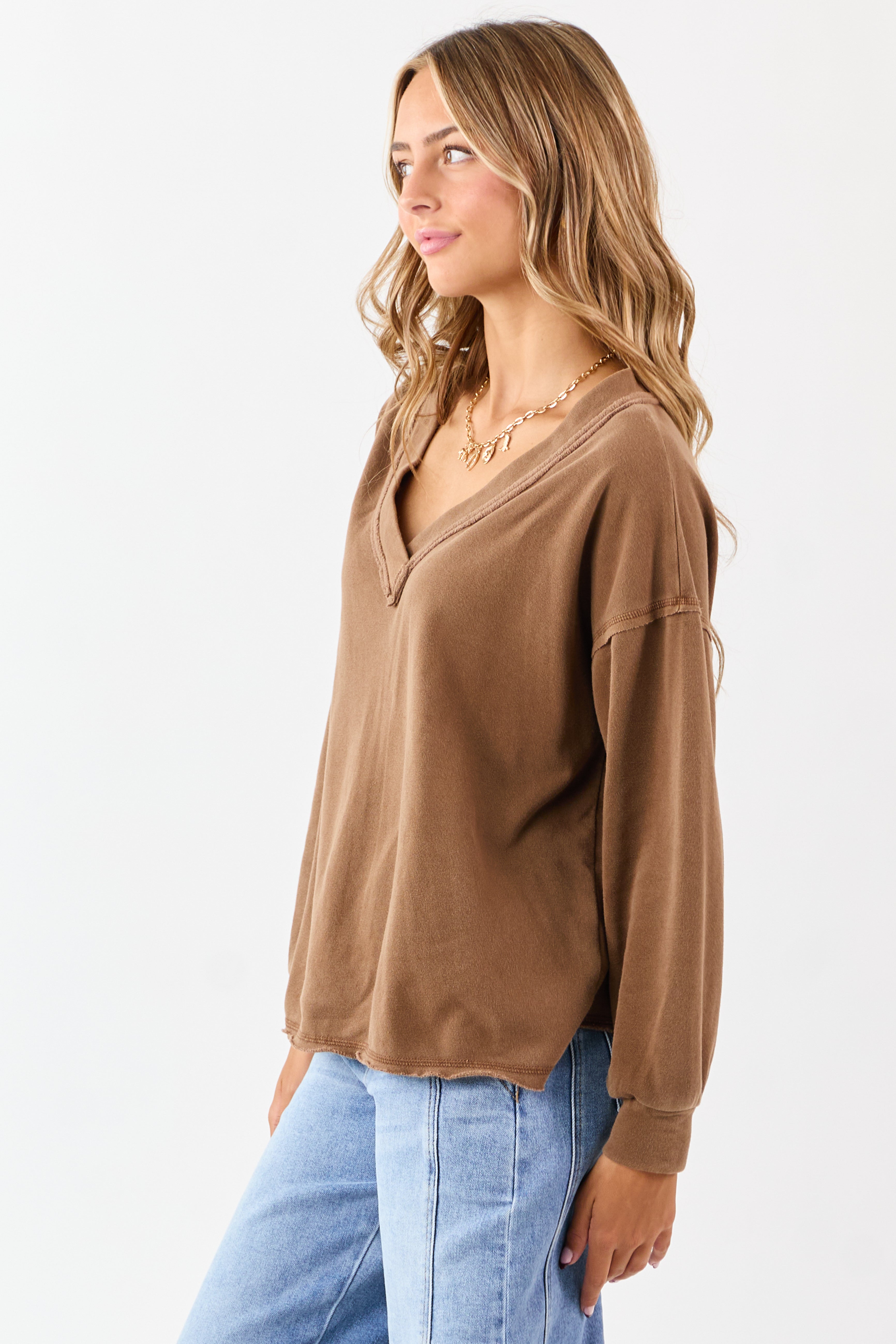 Coffee V-Neck Reverse Stitch Relaxed Sweatshirt