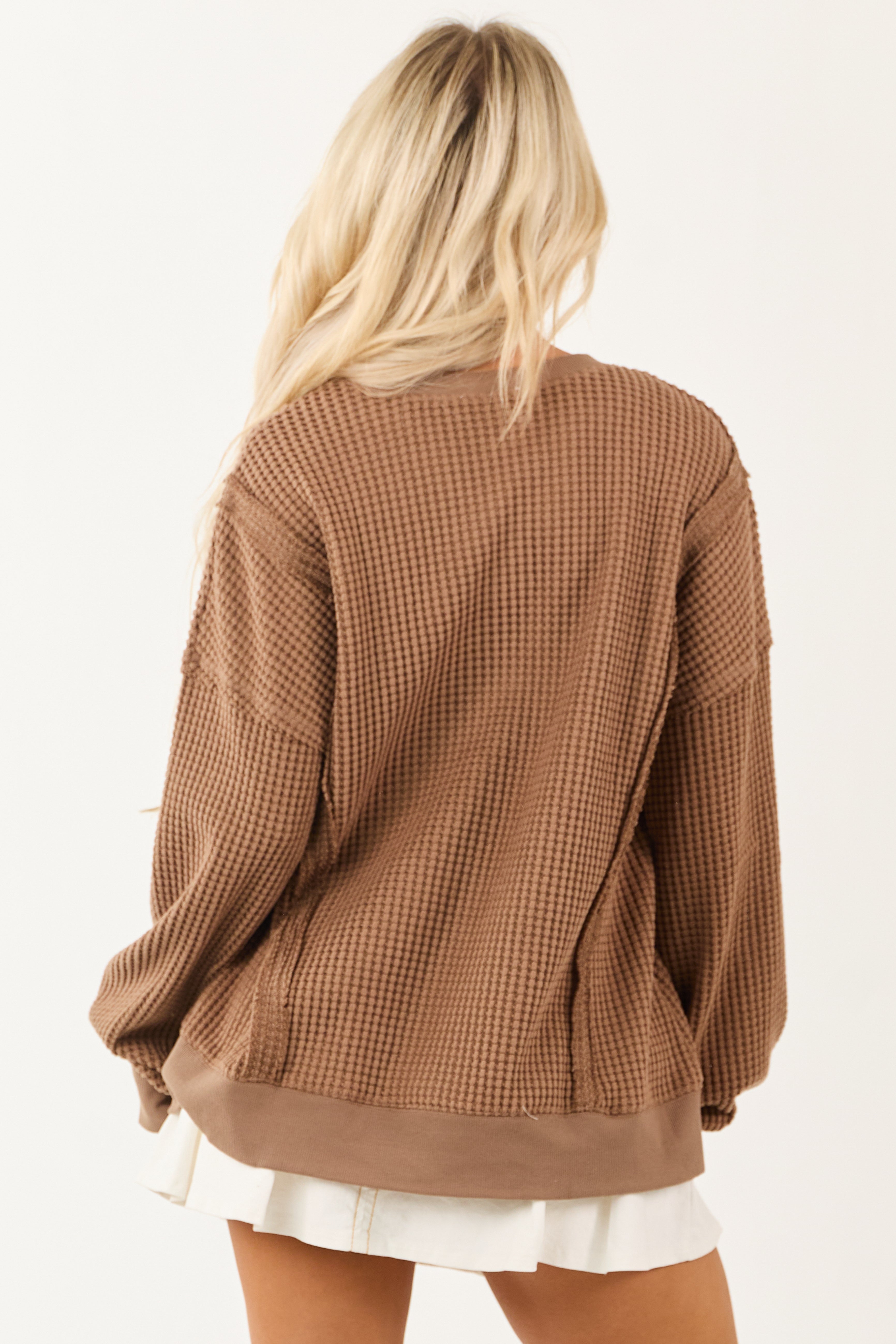 Coffee Waffle Knit Relaxed Long Sleeve Top