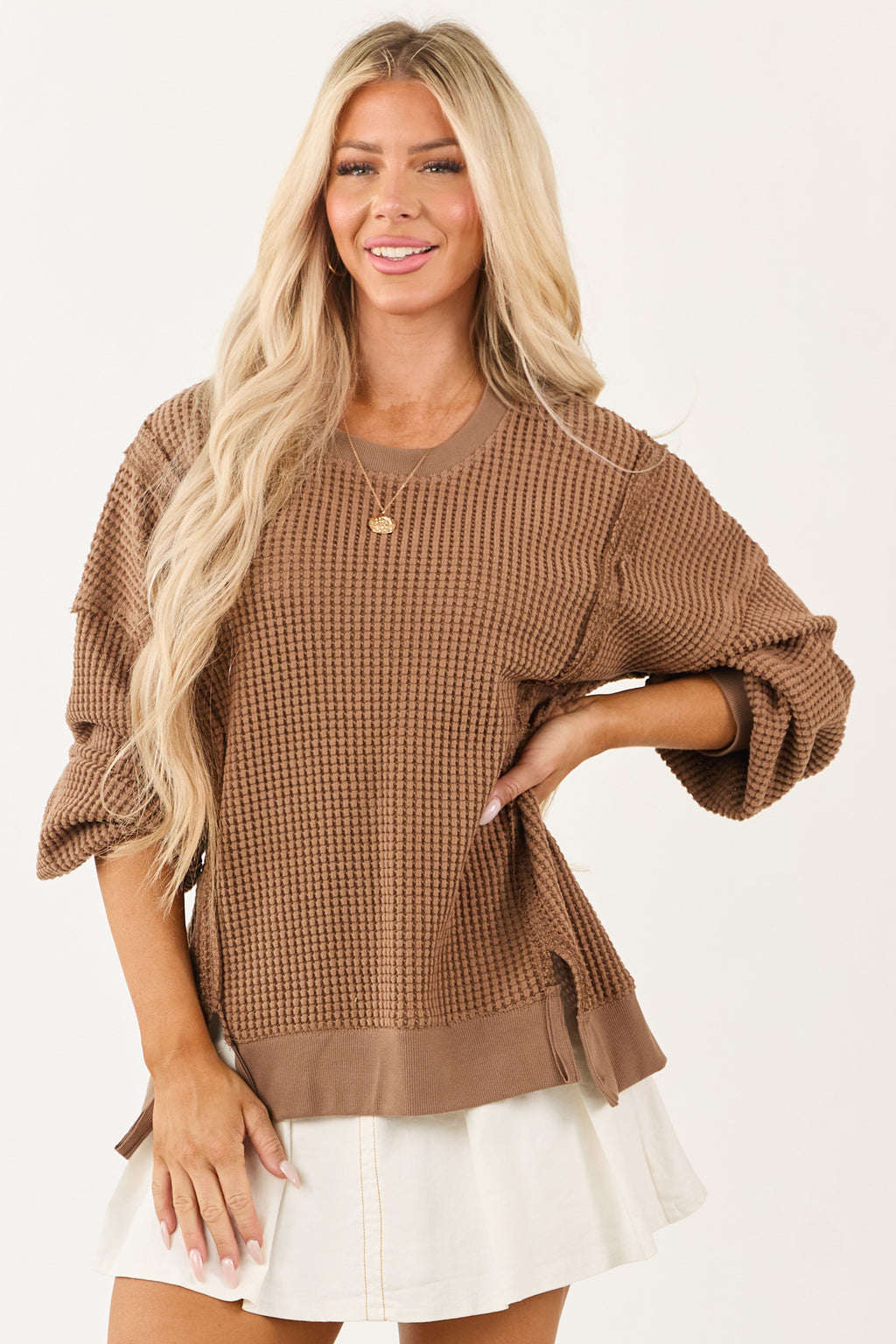 Coffee Waffle Knit Relaxed Long Sleeve Top