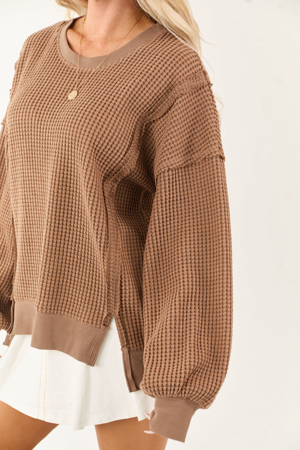 Coffee Waffle Knit Relaxed Long Sleeve Top