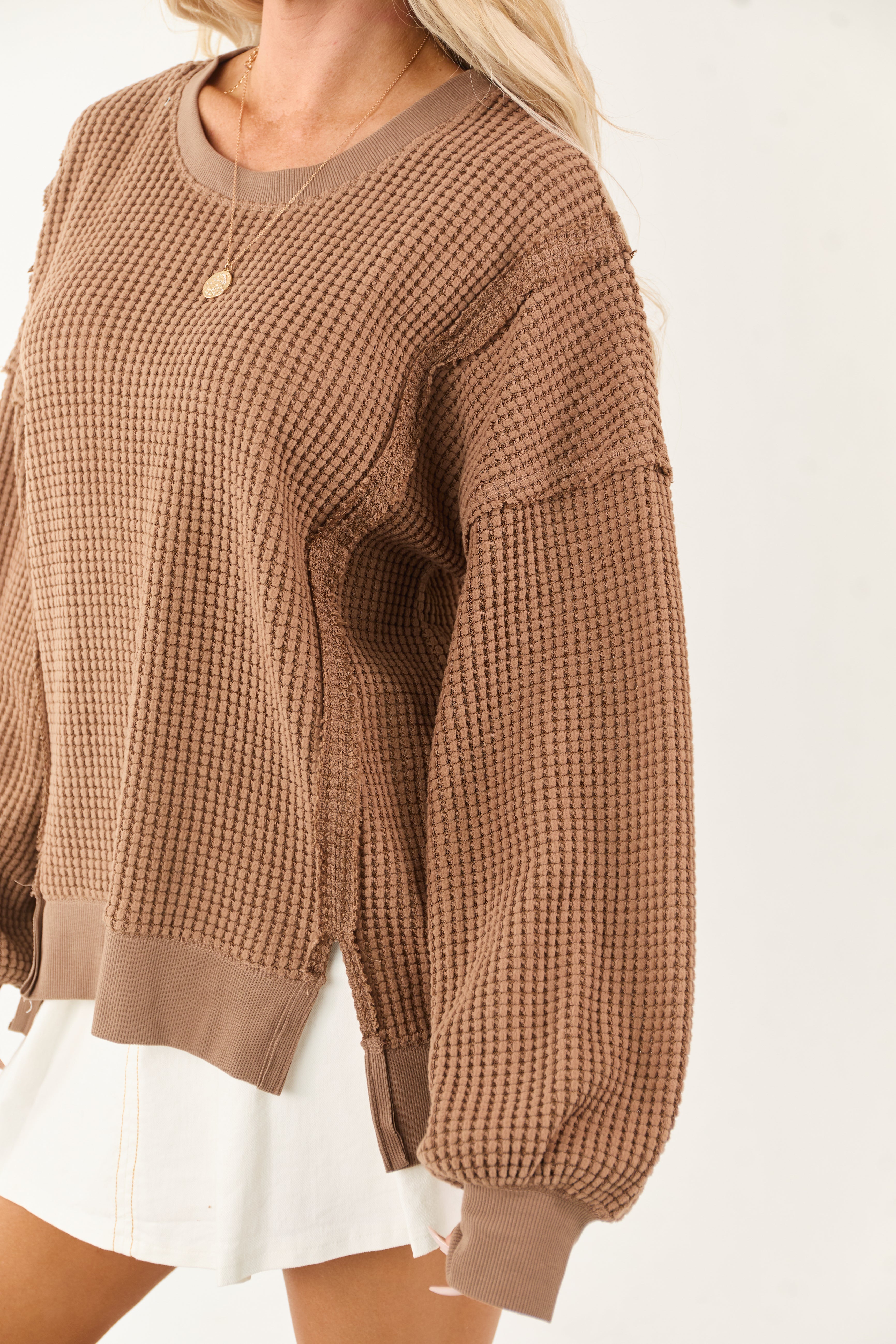 Coffee Waffle Knit Relaxed Long Sleeve Top