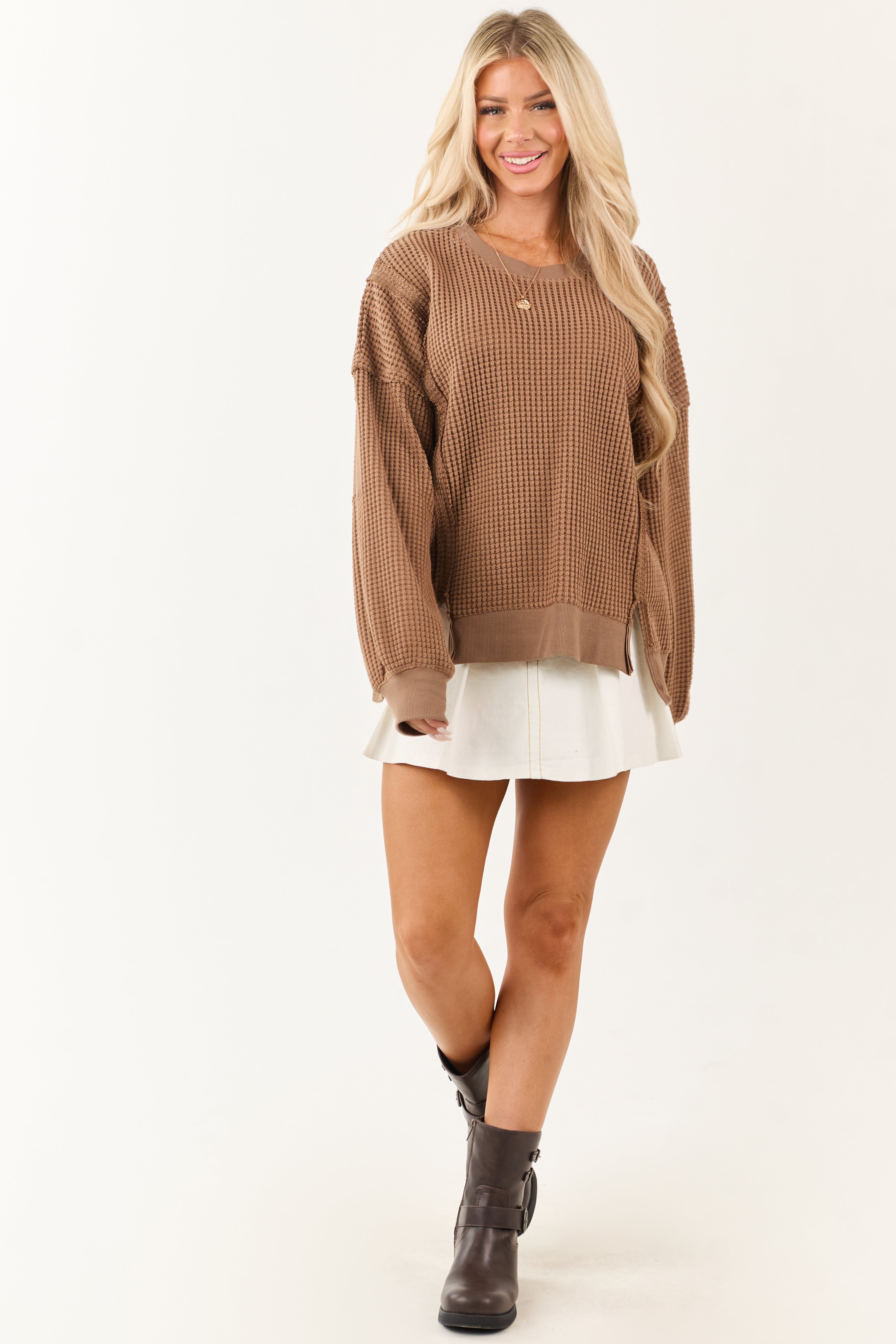 Coffee Waffle Knit Relaxed Long Sleeve Top