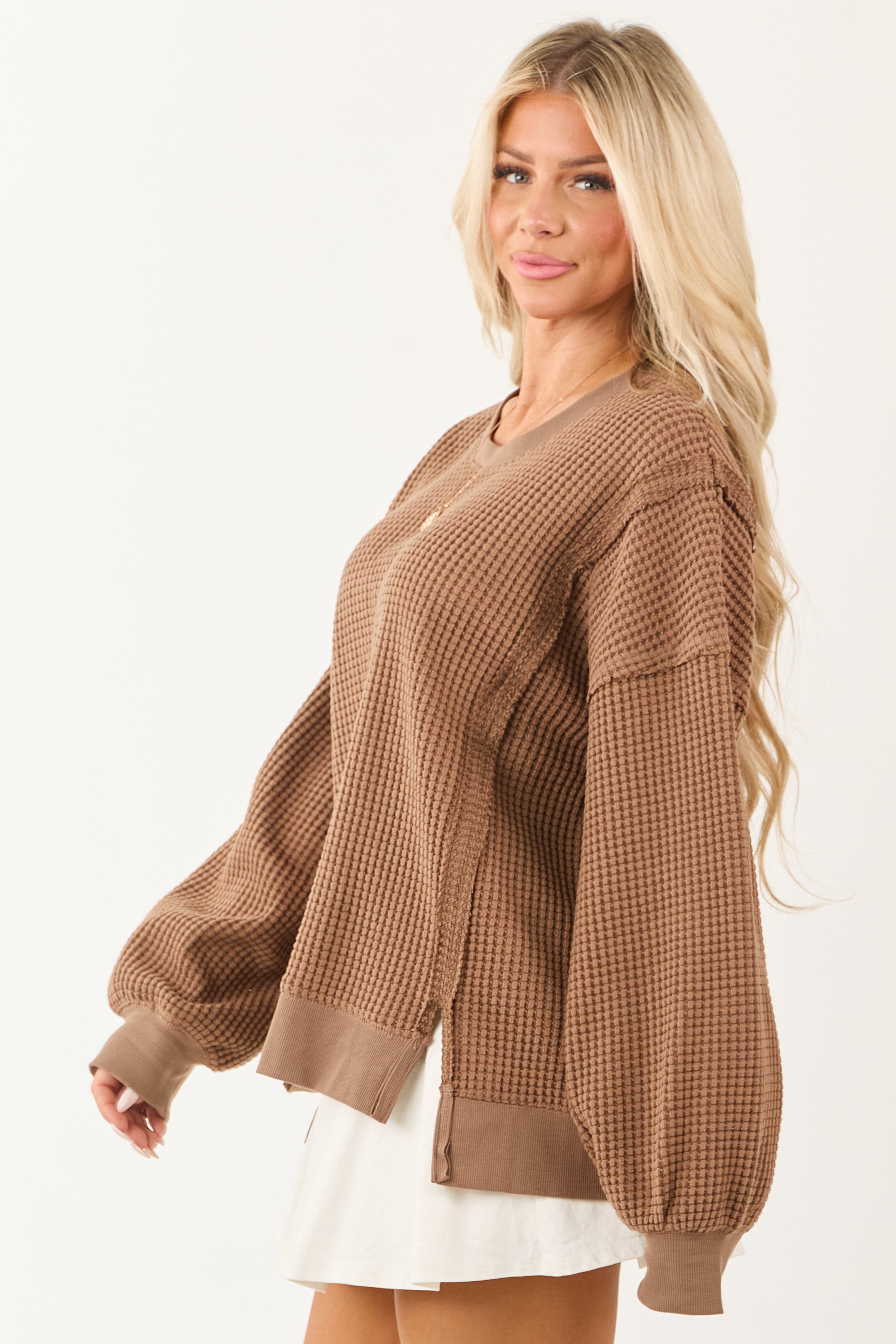 Coffee Waffle Knit Relaxed Long Sleeve Top
