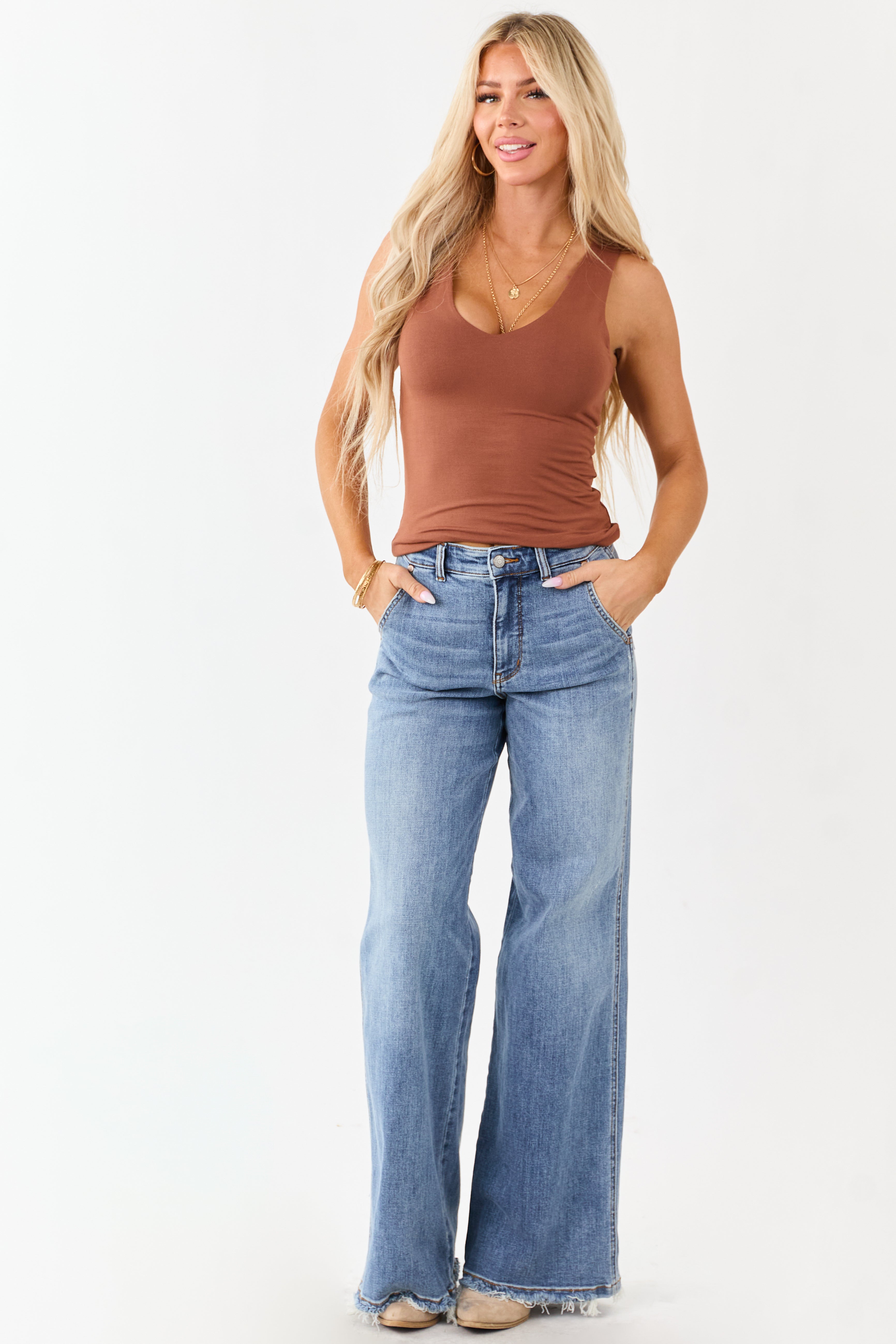 Cognac Double Layer Knit V-Neck Tank Top