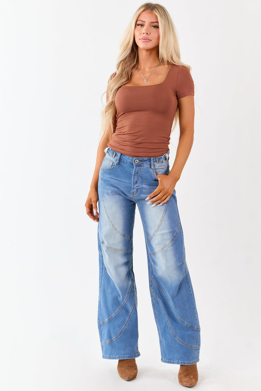 Cognac Soft Knit Double Layer Short Sleeve Fitted Top