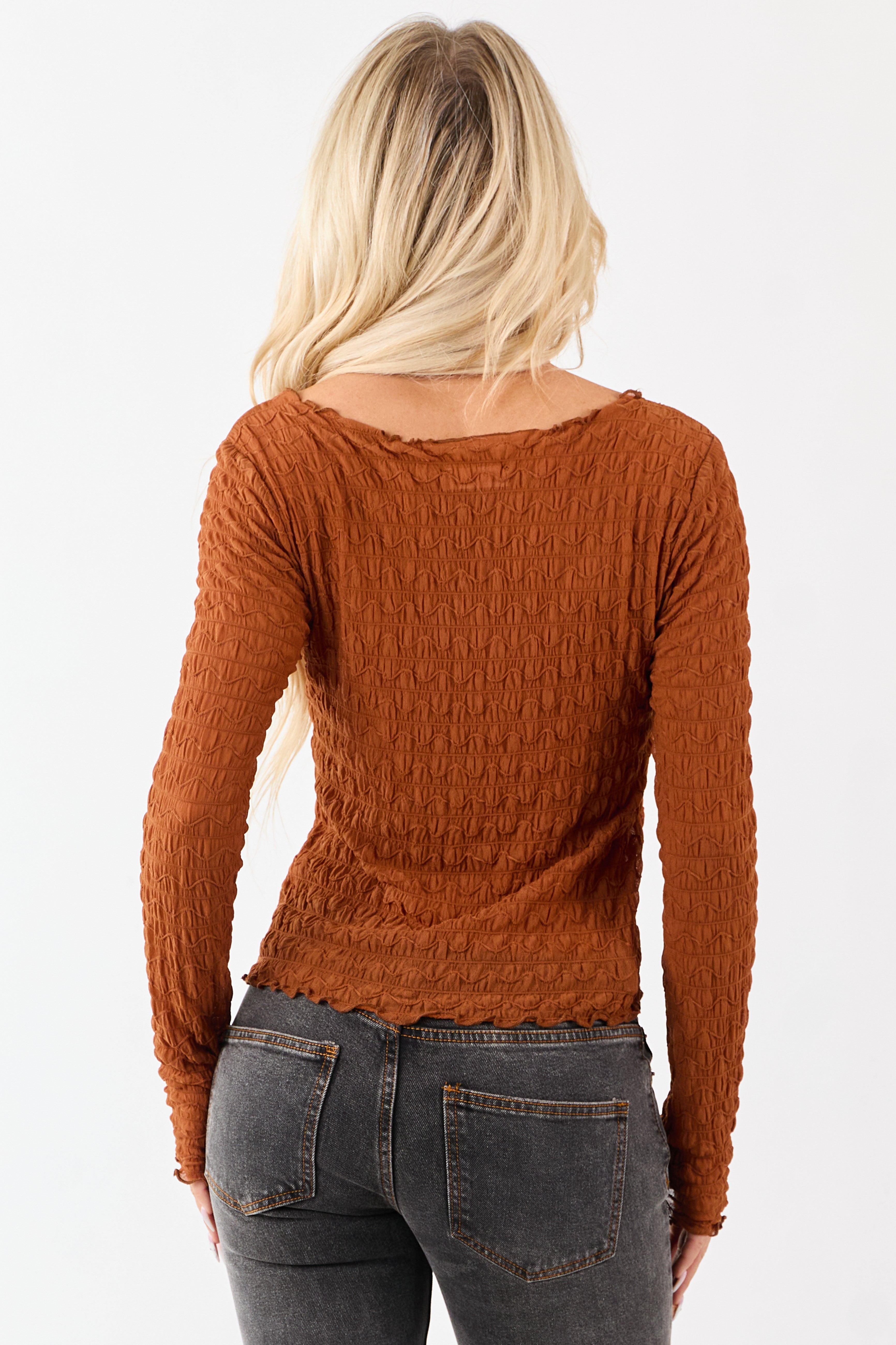 Cognac Textured Boat Neck Long Sleeve Mesh Top