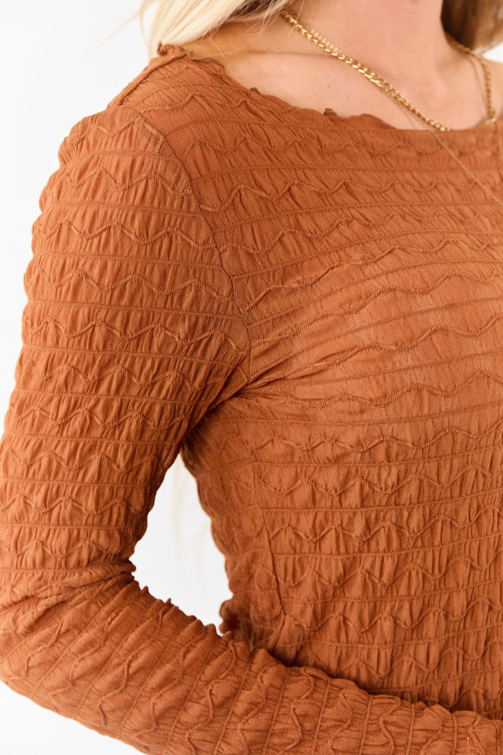 Cognac Textured Boat Neck Long Sleeve Mesh Top