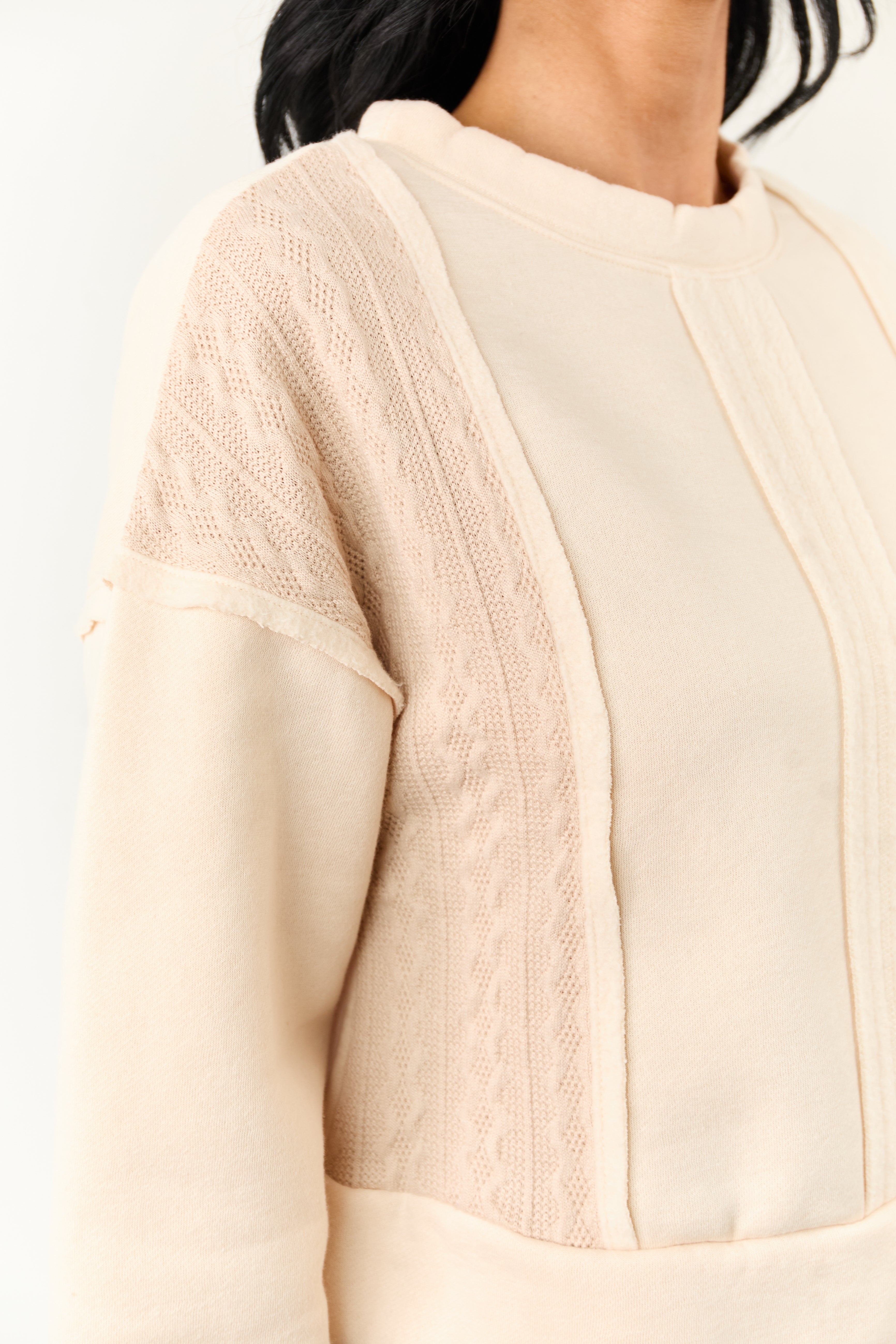 Cream Cable Knit Contrast Relaxed Pullover Sweatshirt