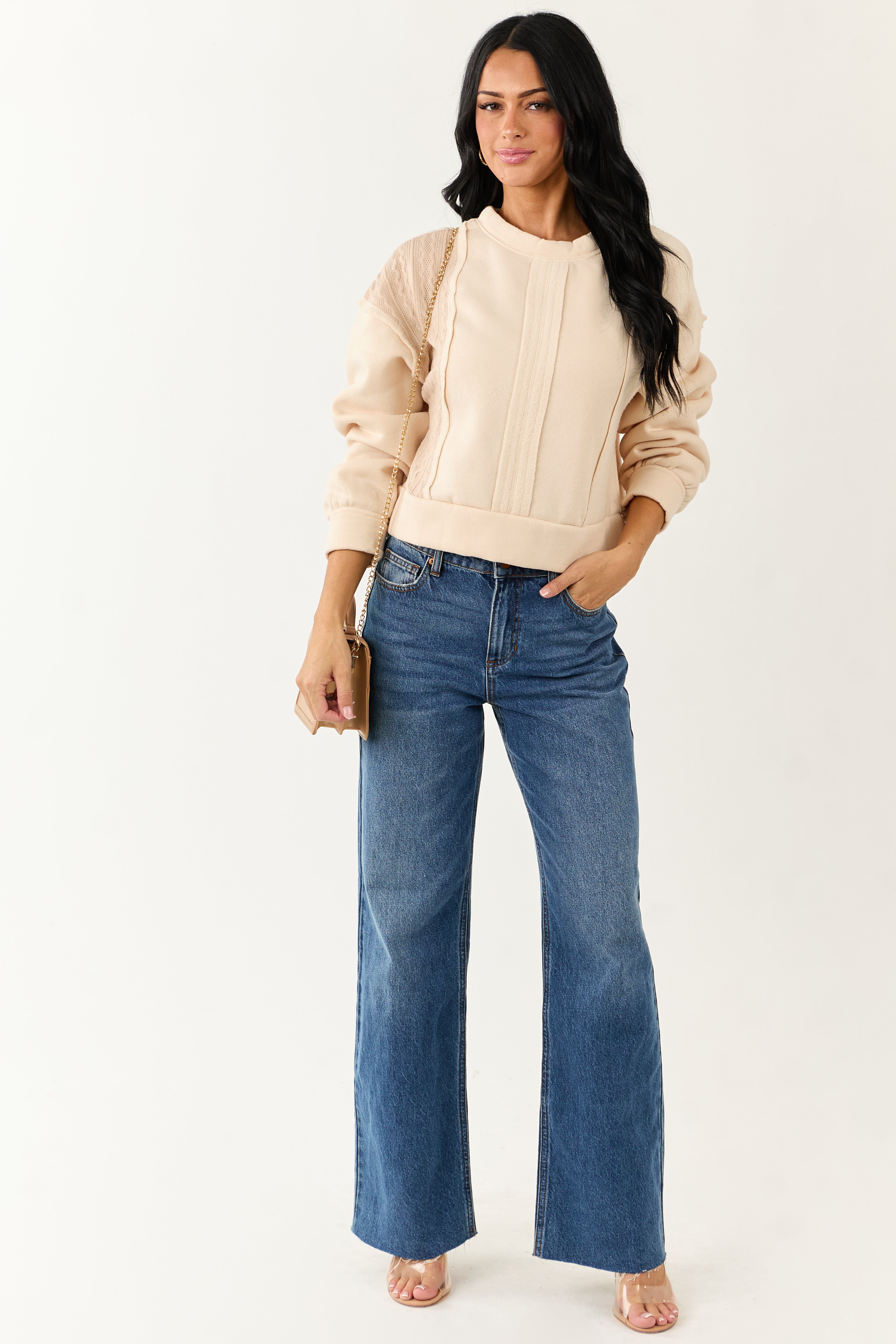 Cream Cable Knit Contrast Relaxed Pullover Sweatshirt