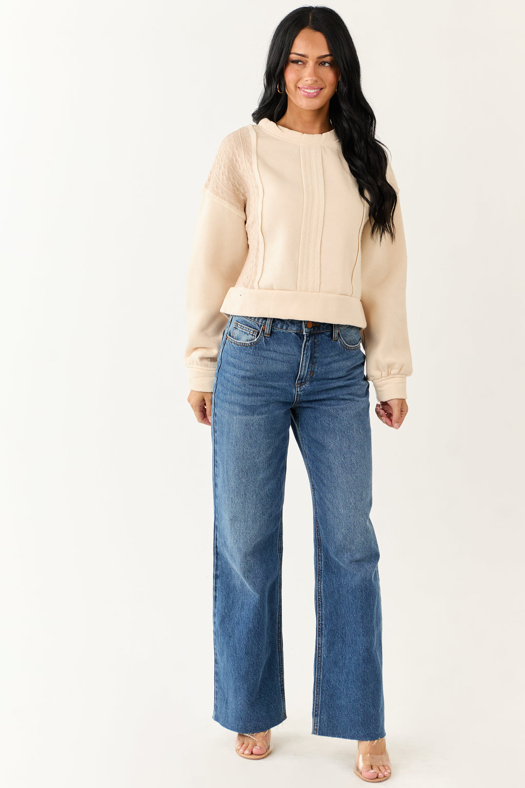 Cream Cable Knit Contrast Relaxed Pullover Sweatshirt