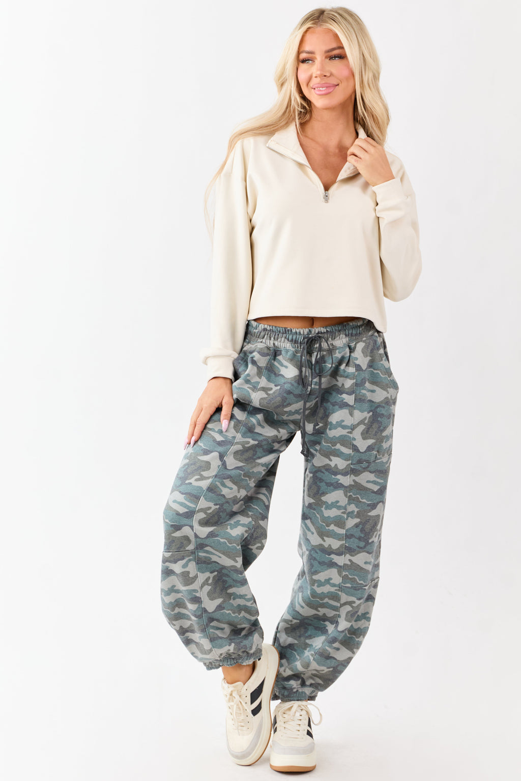 Cream Collared Half Zip Up Sweatshirt