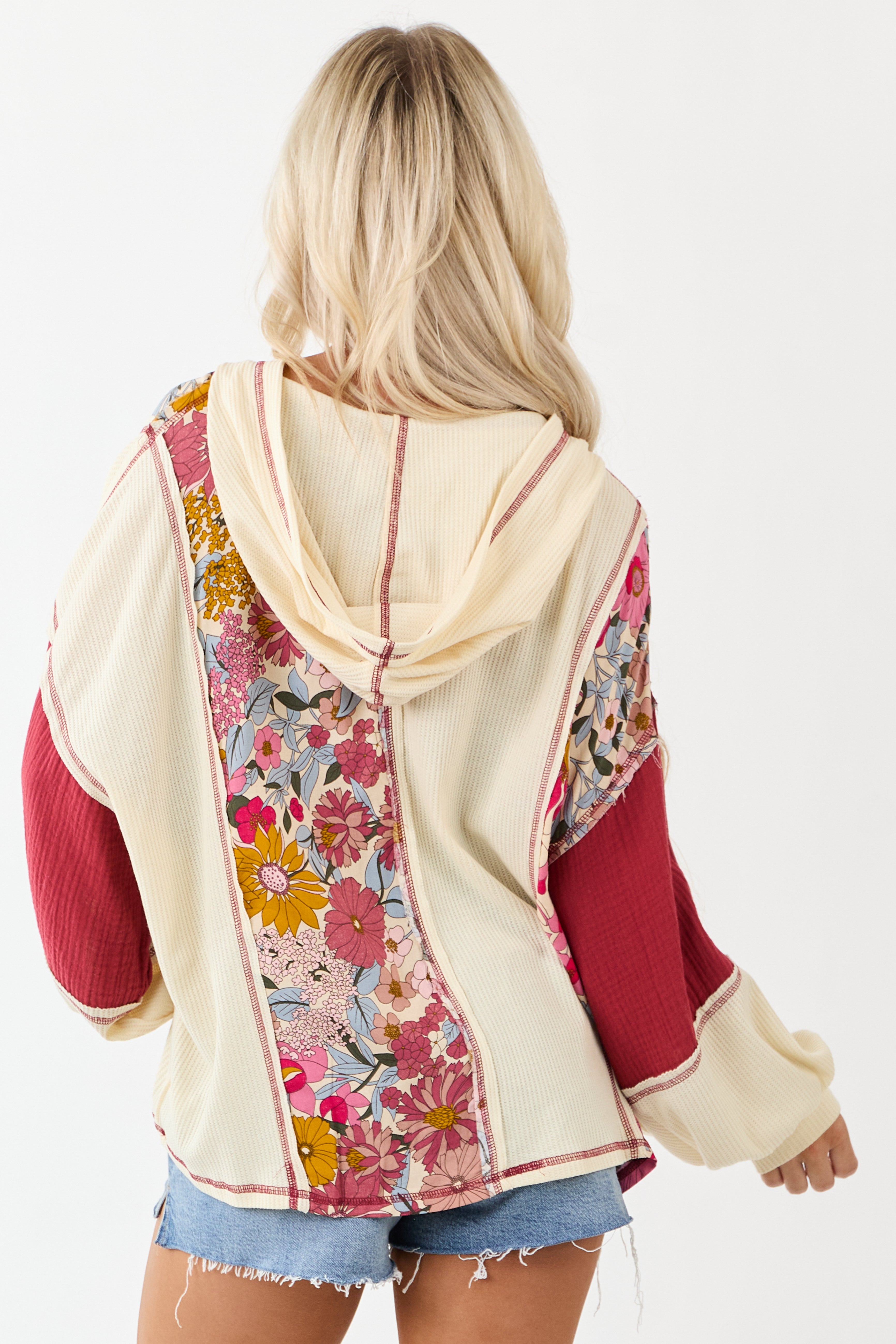 Cream Colorblock Floral Print Hooded Long Sleeve Top