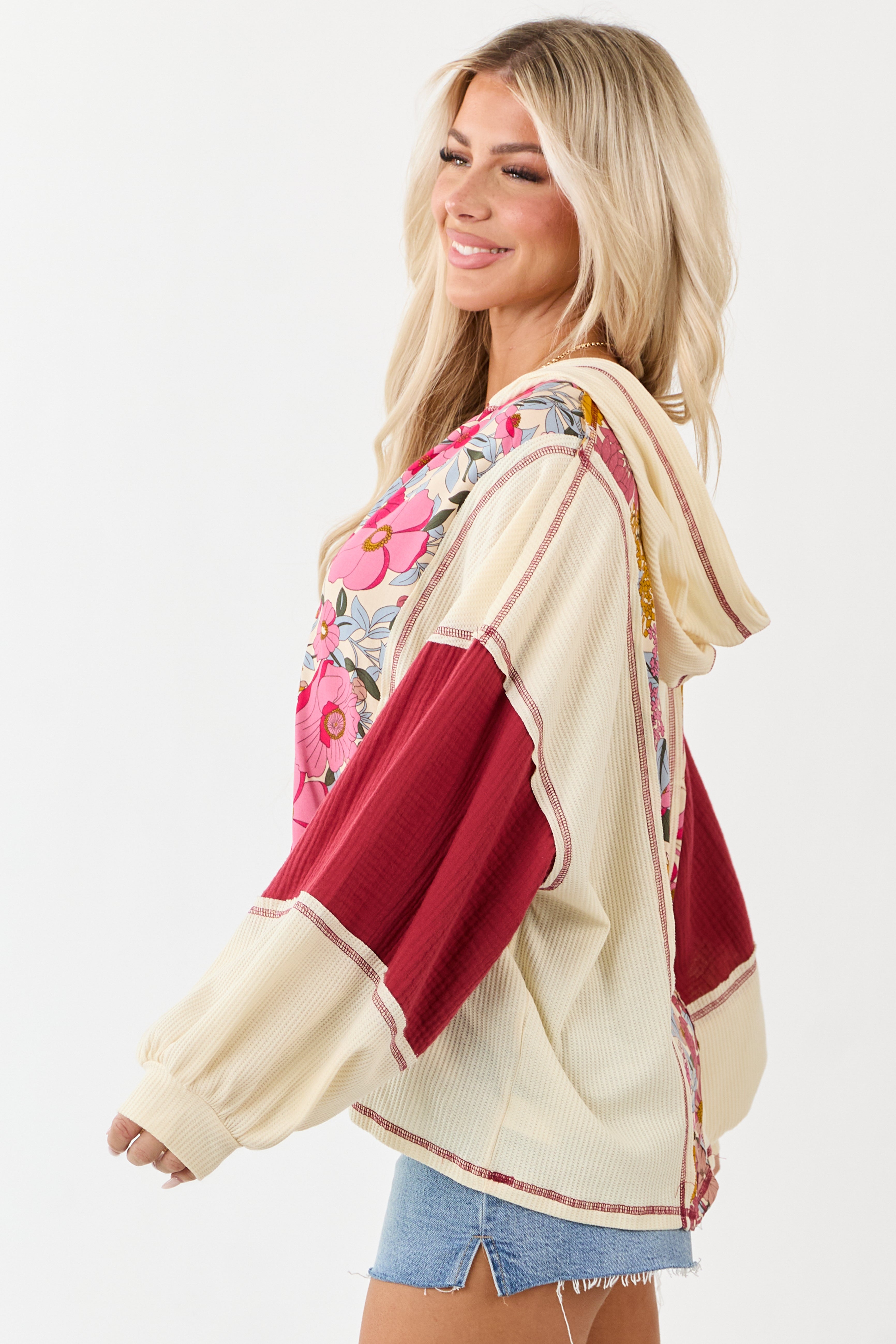 Cream Colorblock Floral Print Hooded Long Sleeve Top