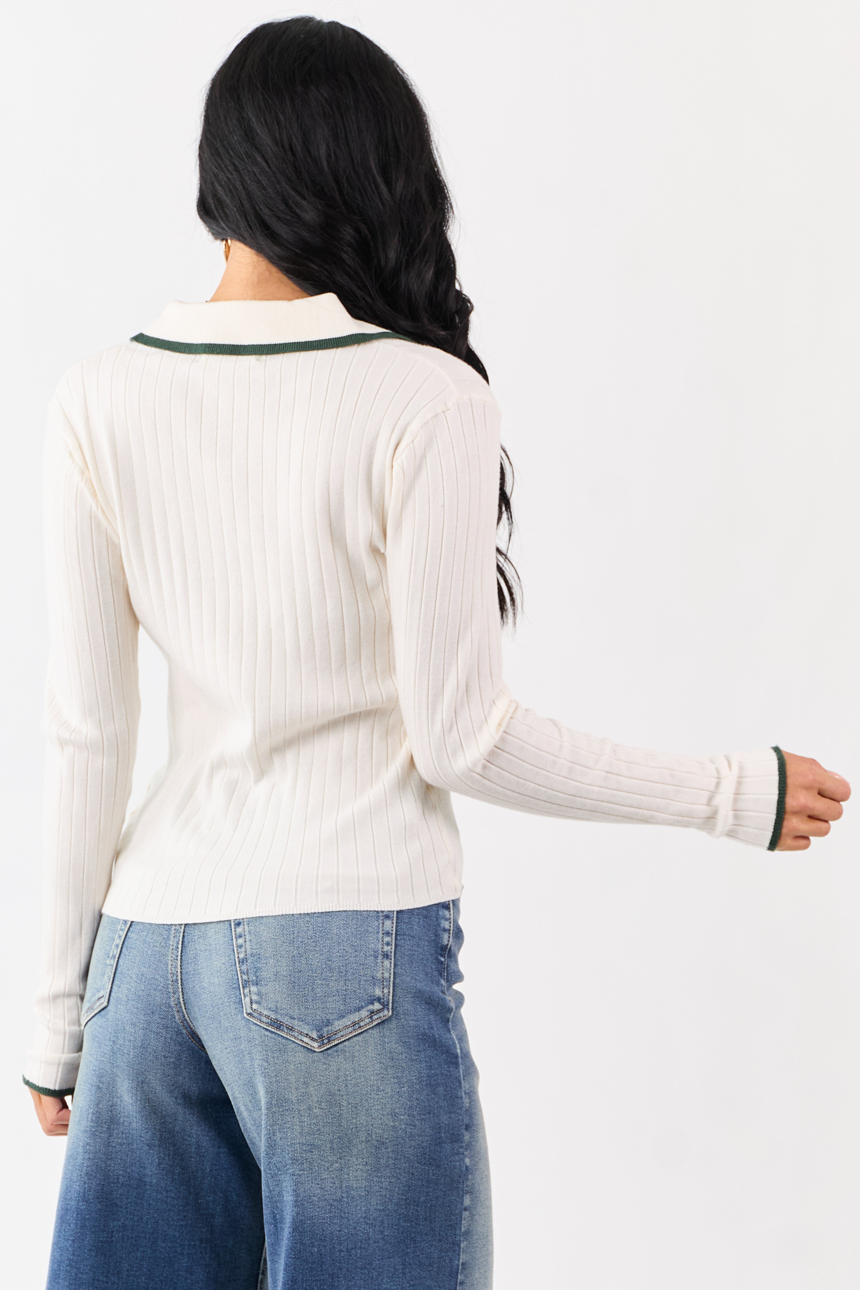 Cream Contrast Trim Polo Style Sweater Top