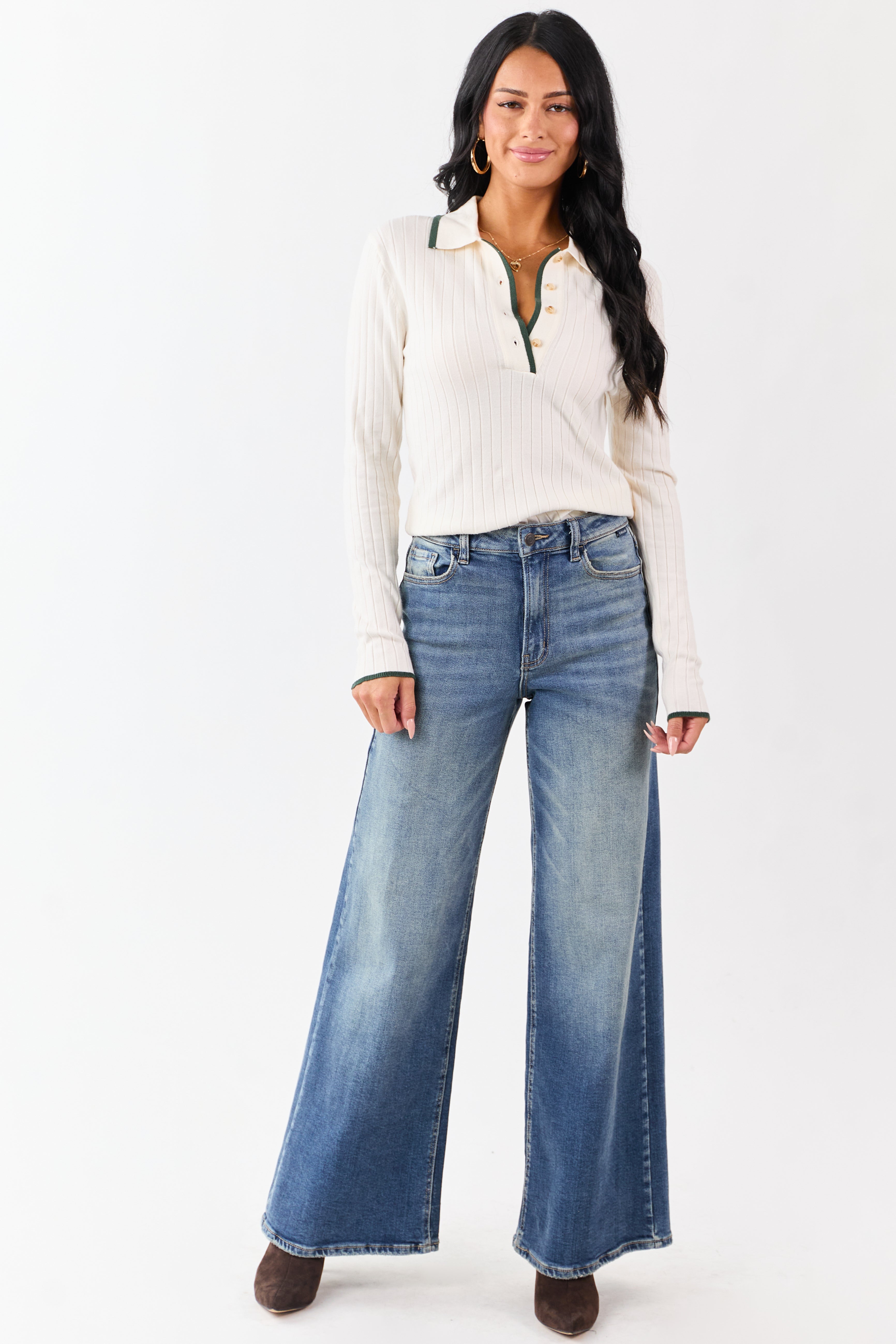 Cream Contrast Trim Polo Style Sweater Top