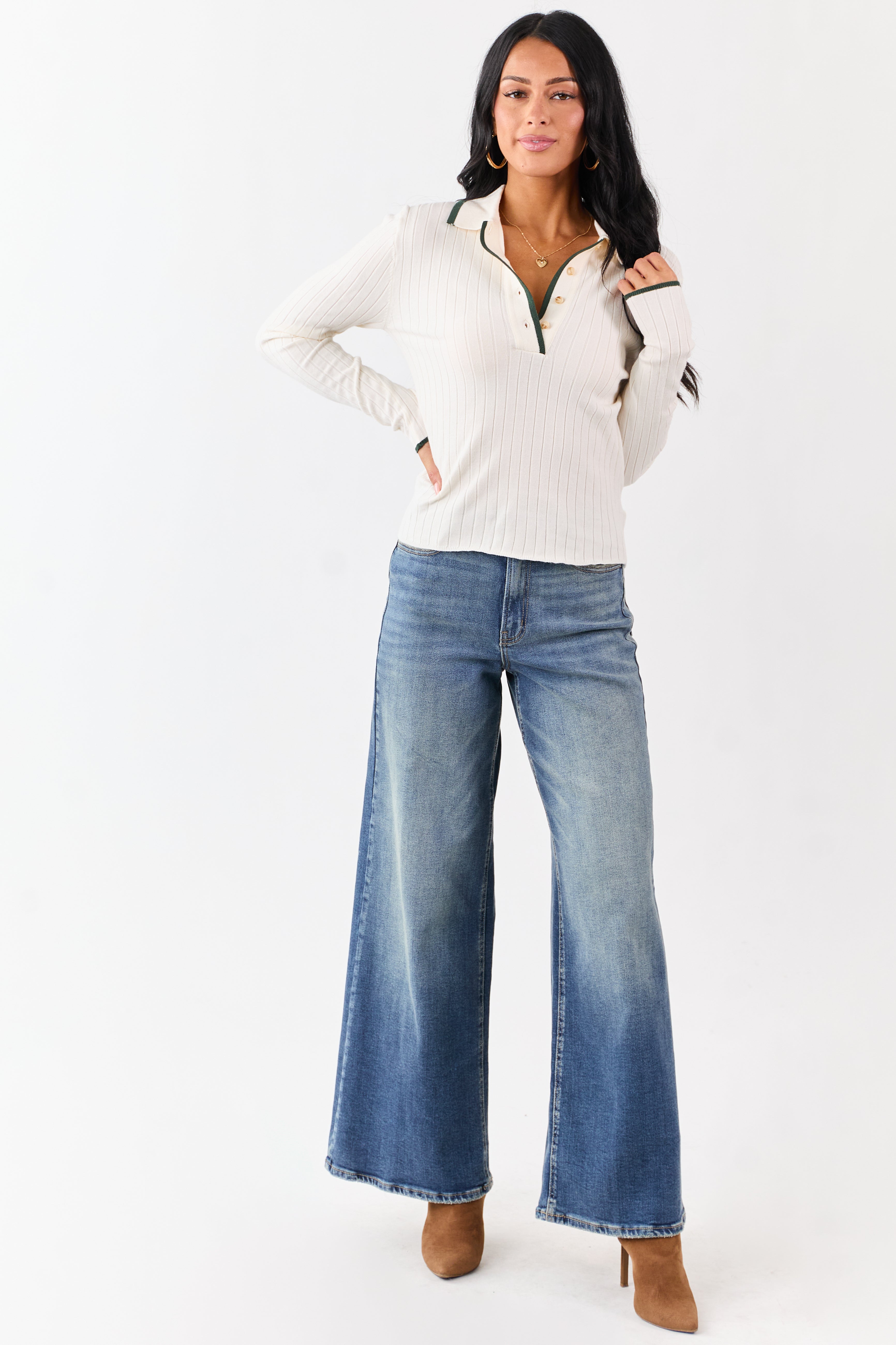 Cream Contrast Trim Polo Style Sweater Top