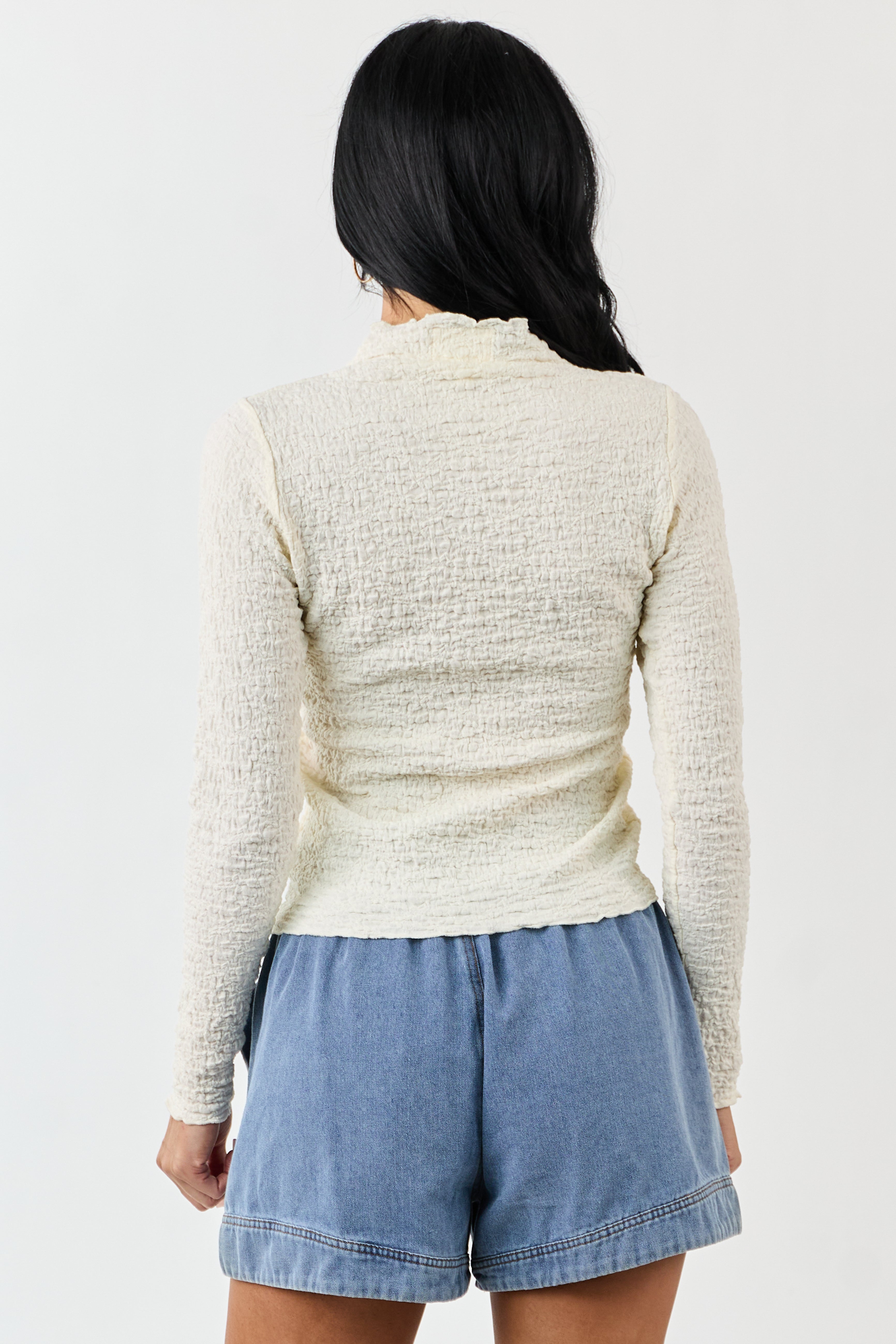 Cream Crinkle Textured Mock Neck Long Sleeve Top