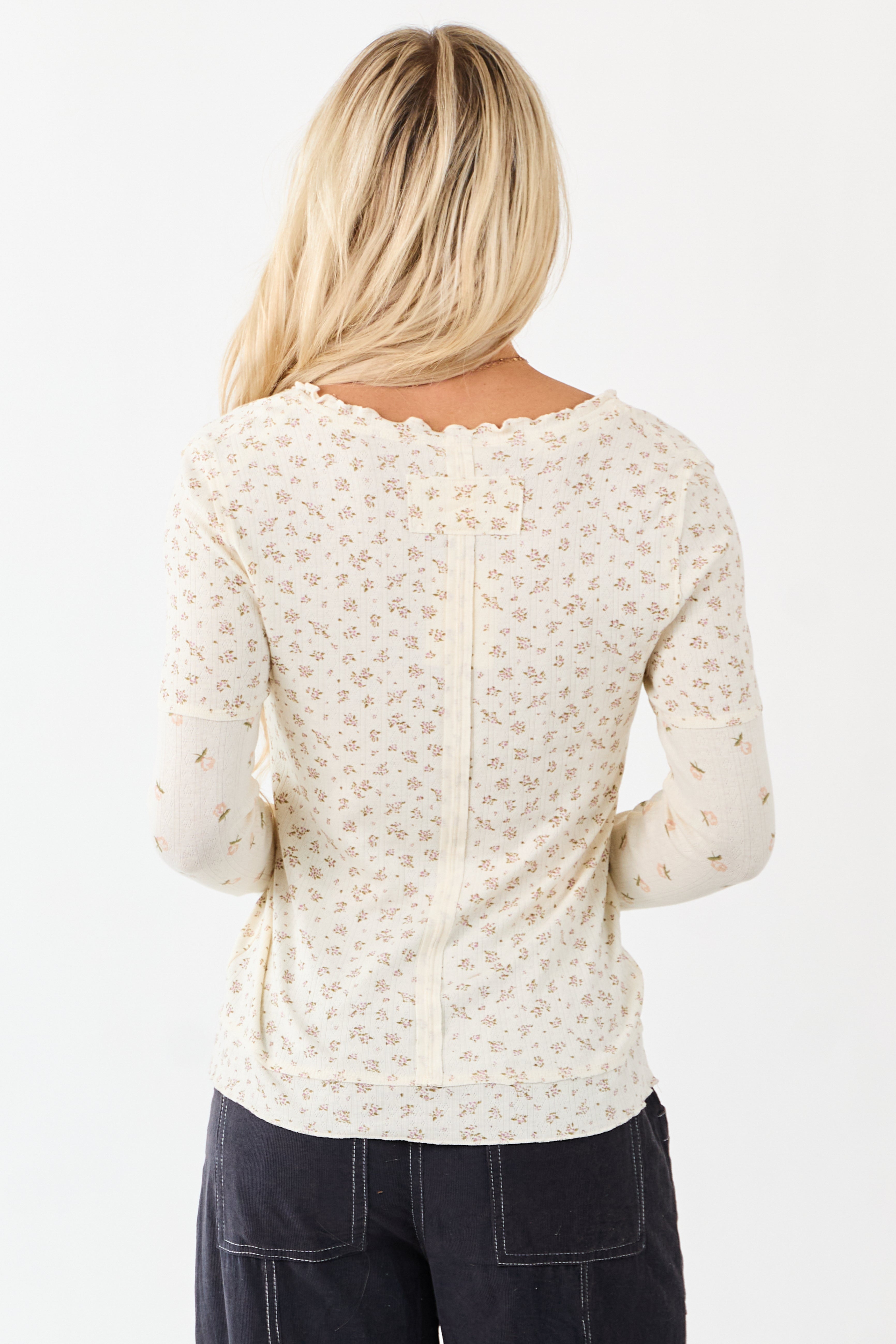 Cream Ditsy Floral Contrast Long Sleeve Knit Top