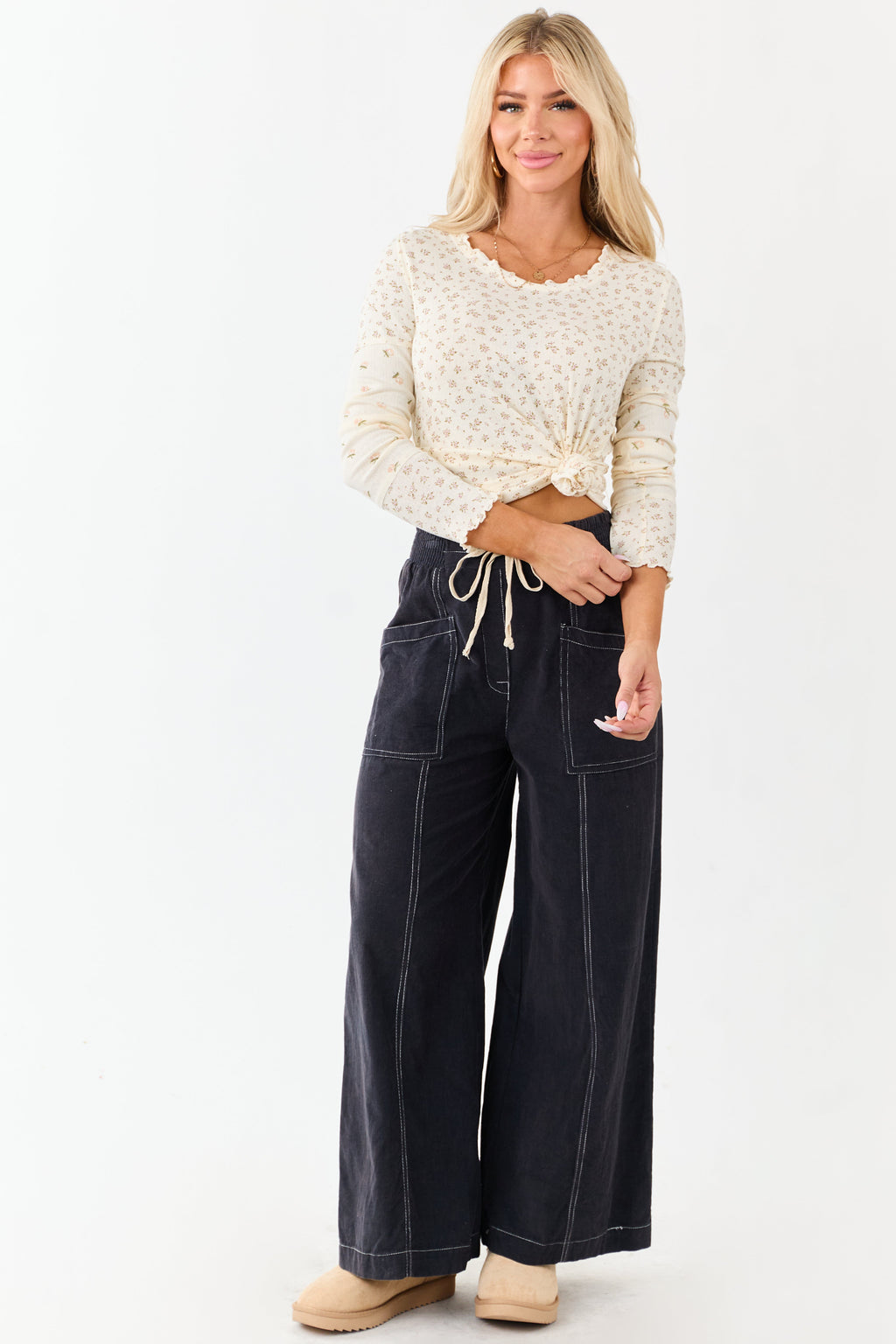 Cream Ditsy Floral Contrast Long Sleeve Knit Top