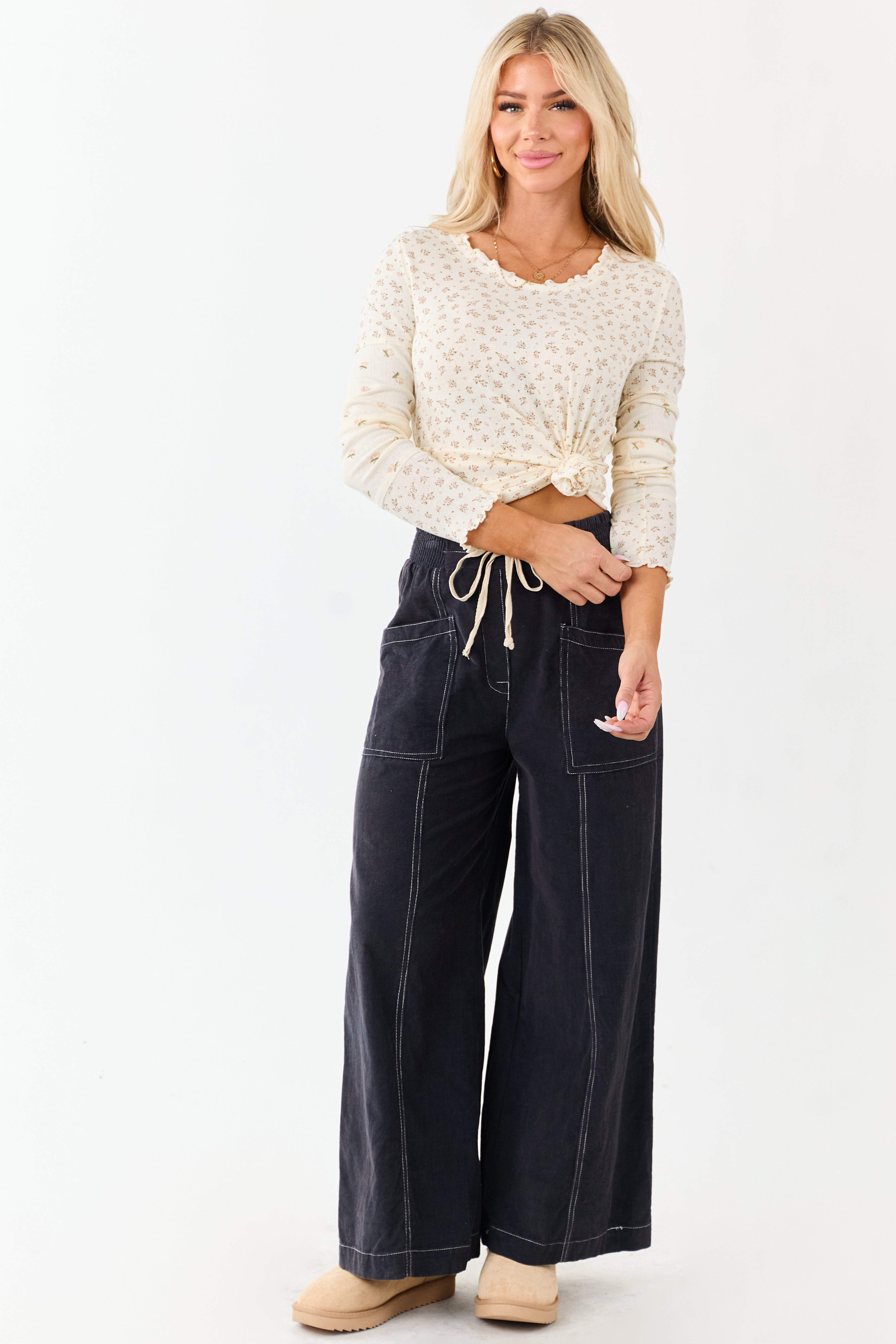 Cream Ditsy Floral Contrast Long Sleeve Knit Top