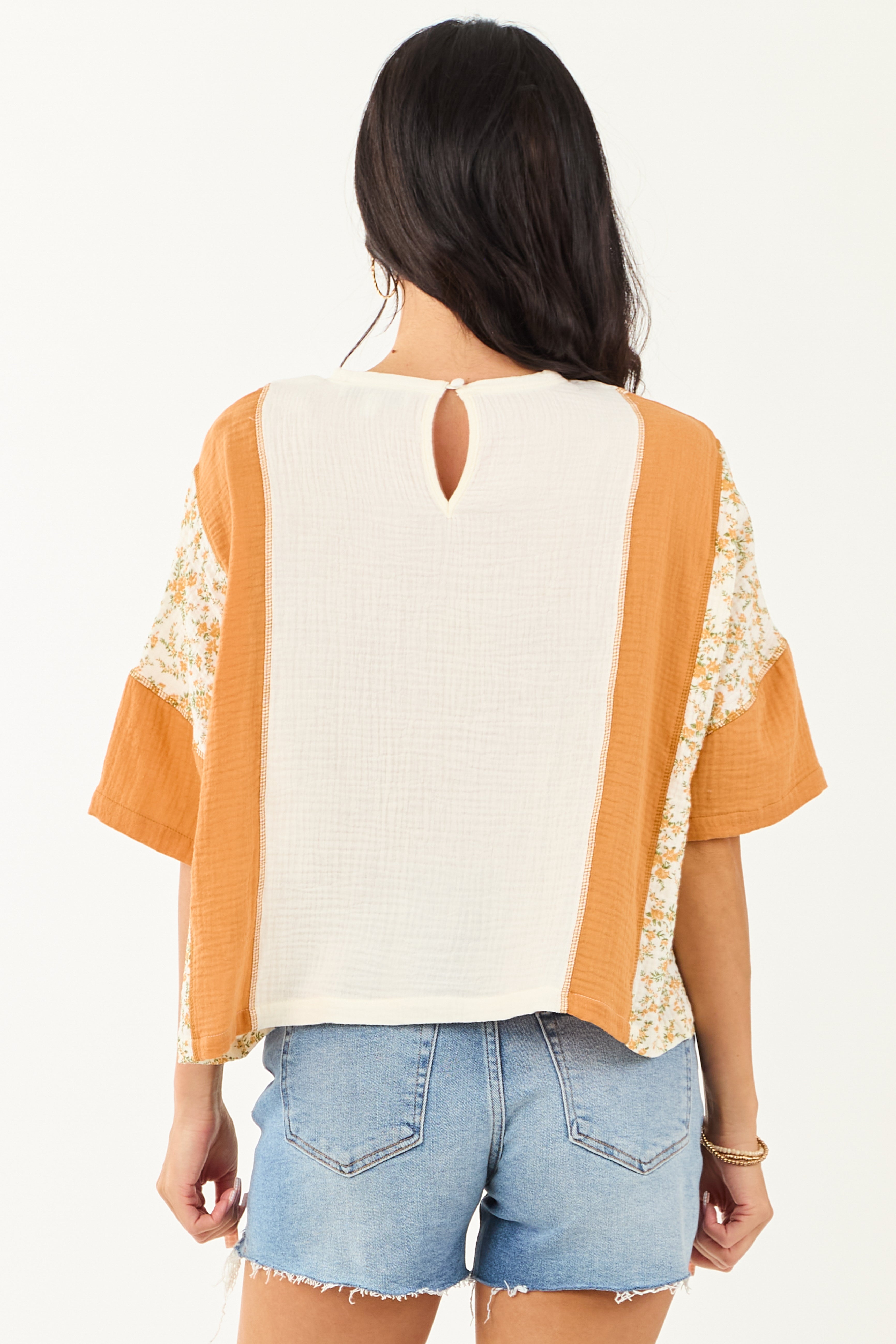 Cream Floral Colorblock Relaxed Cotton Gauze Top