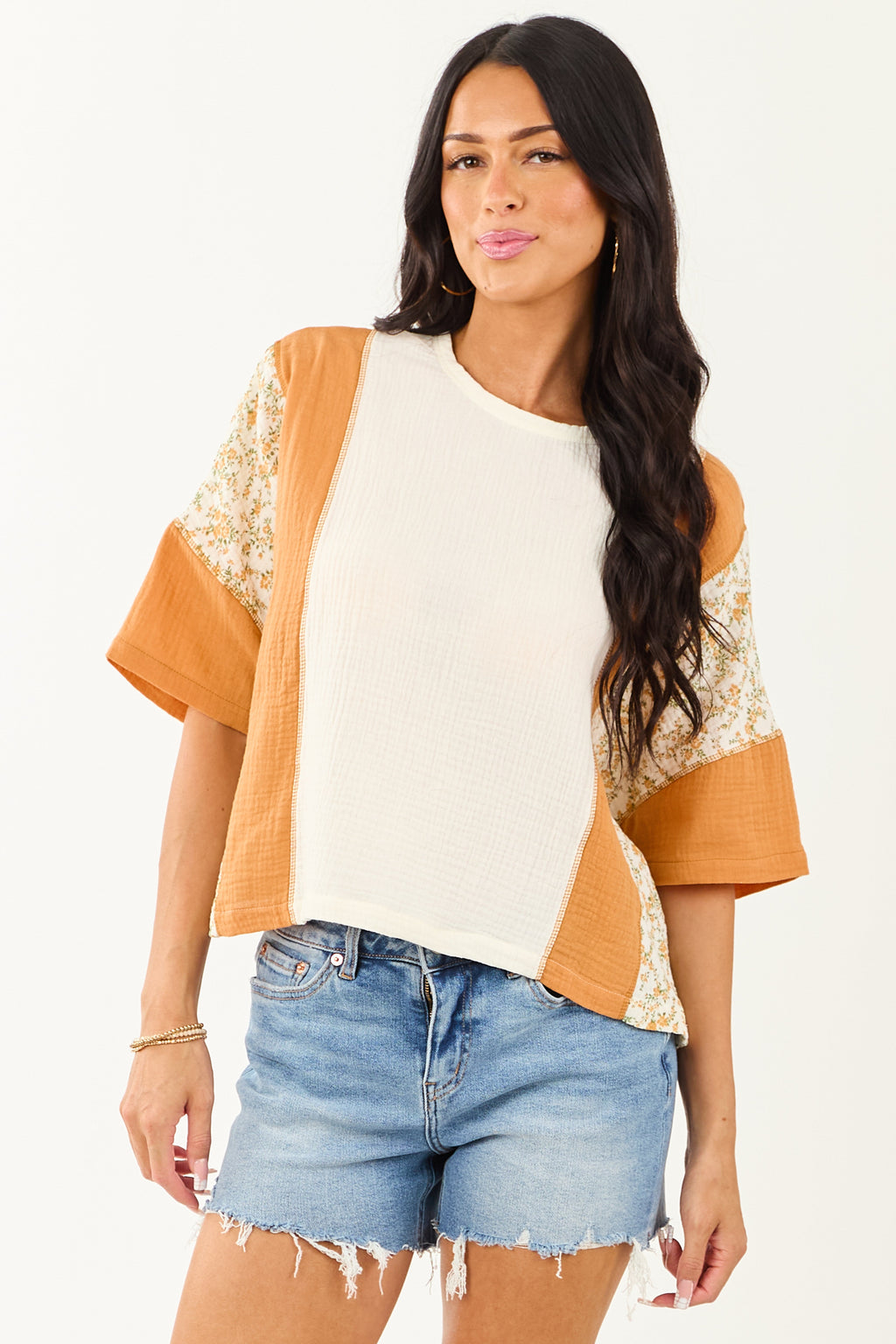 Cream Floral Colorblock Relaxed Cotton Gauze Top