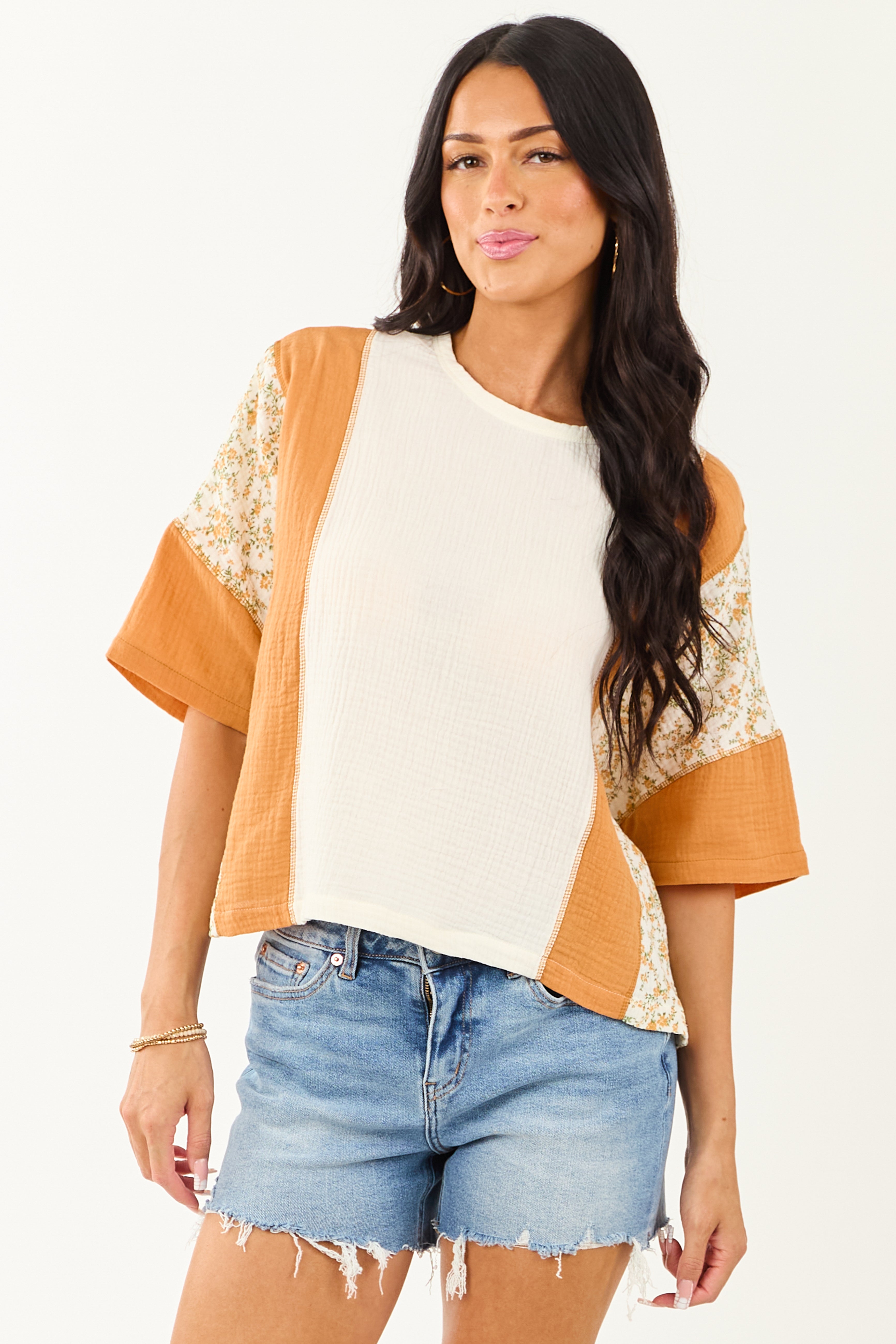 Cream Floral Colorblock Relaxed Cotton Gauze Top